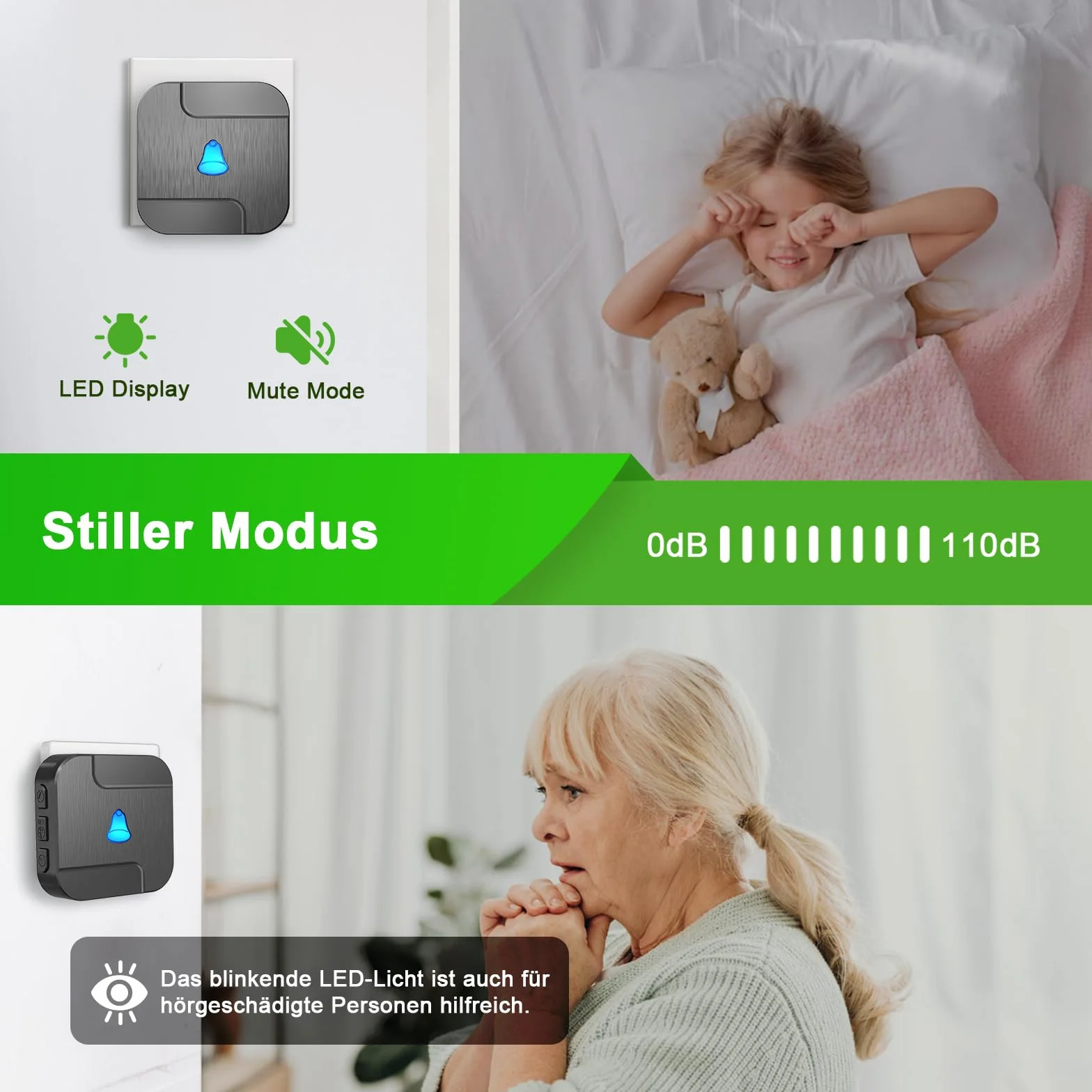 SURFOU Campanello Wireless Senza Fili da Esterno con Batteria, 300M Distanza Impermeabile,55 Suonerie includere il Natale 5 Volumi Selezionabili per gli Anziani 2 Casa interno Ricevitore Nero