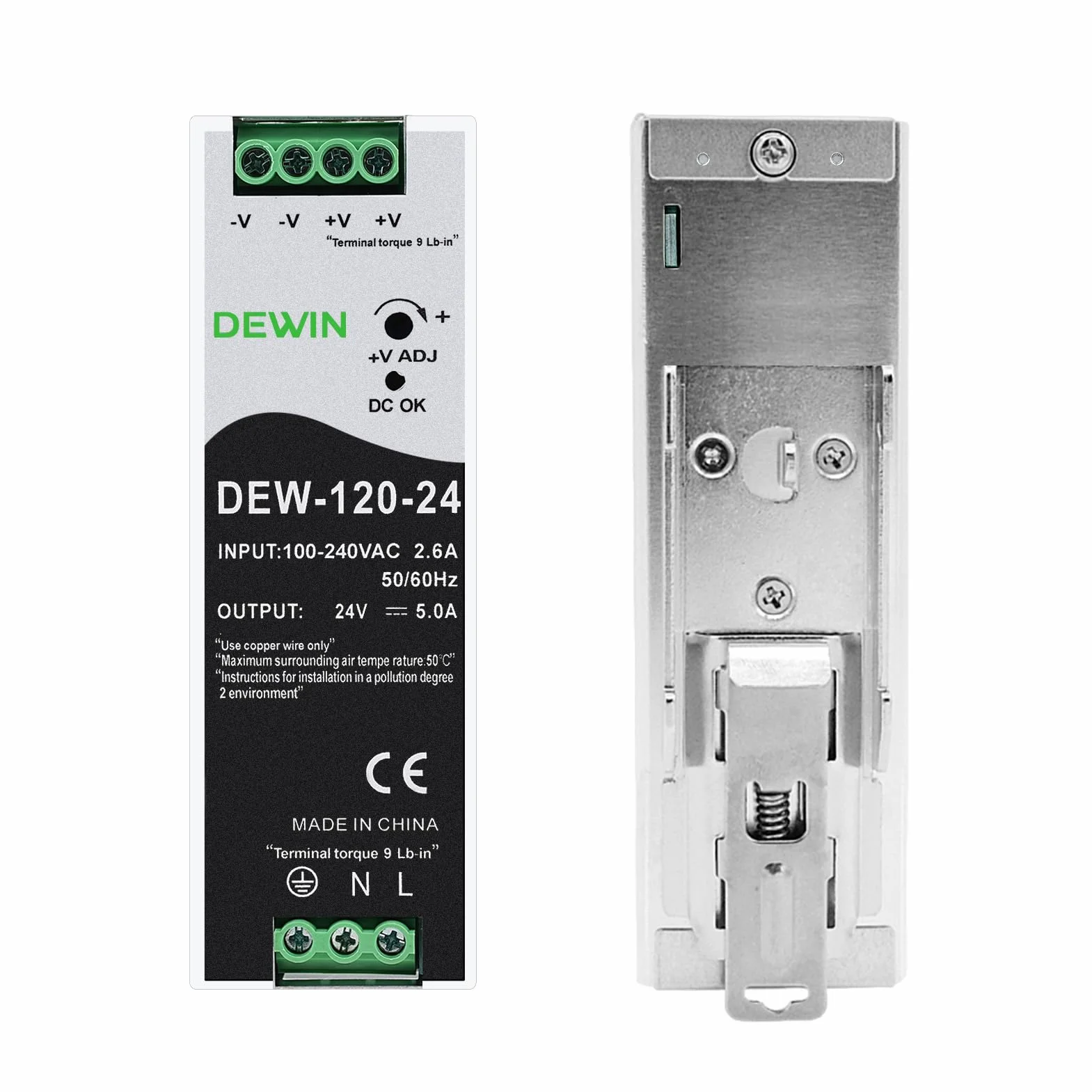 DEWIN Alimentatore 24V 5A din 120W Alimentatore per guida din Trasformatore per guida,Ingresso AC 100-220V 2,6A Uscita DC 24V 5A (Con Manuale in Italiano)