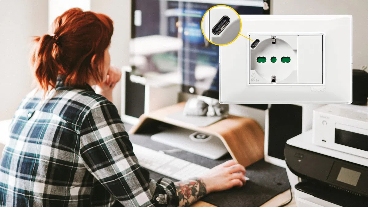 Vimar 14210.USB Plana presa 2 moduli SICURY 2P+T 16 A 250 V universale standard italiano P40 e uscita USB tipo C 5V e 3 A per la ricarica rapida, bianco
