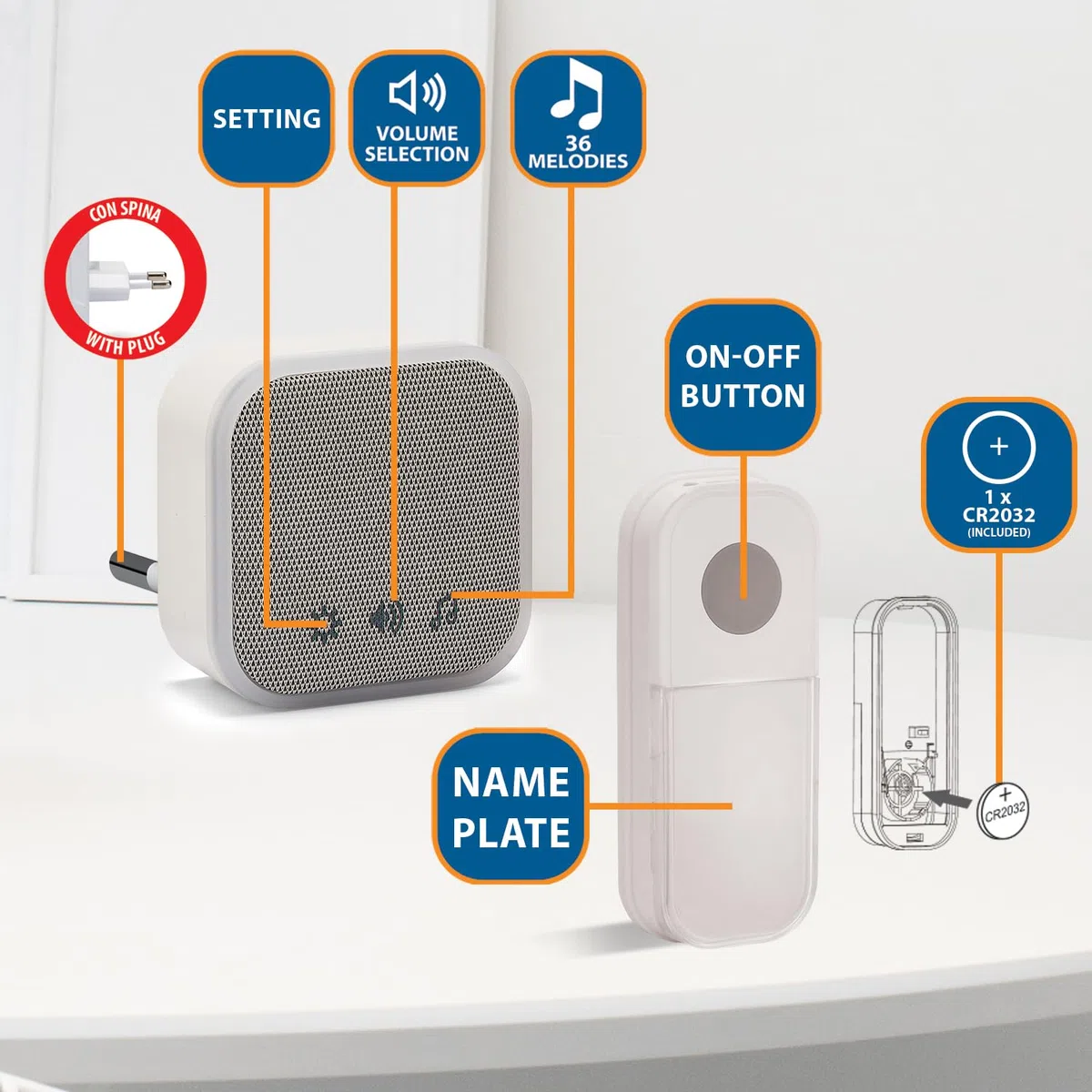 VELAMP - Campanello Senza Fili da Esterno e Interno TWEED con 2 Ricevitori a Spina da Interno, Citofono Senza Fili da Esterno Impermeabile, Portata 150m, 36 Suoni Regolabili, Spia LED, Campanello Casa