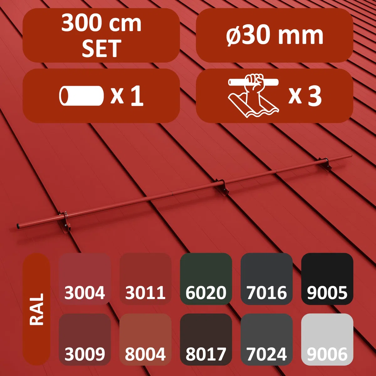Parotec PARANEVE Kit Tubolare Completo 3,0 m (300 cm) - Per tetti a giunto aggraffato (doppio & angolare), click/snap – paraneve - 1 tubo, 3 supporti, 10 colori - RAL 3011 Rosso (classico)