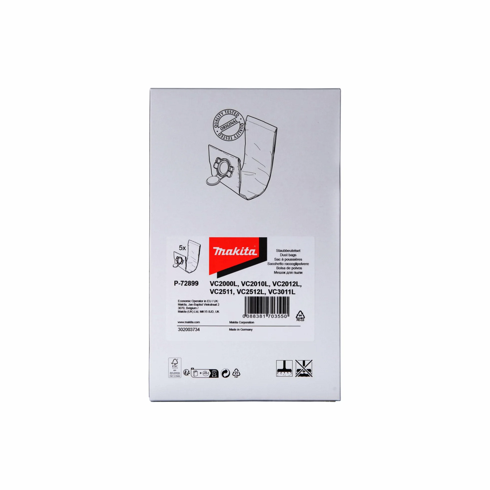 Makita P-72899 - Kit de 5 bolsas de fieltro recoge polvo para aspiradores vc2010l y vc2511