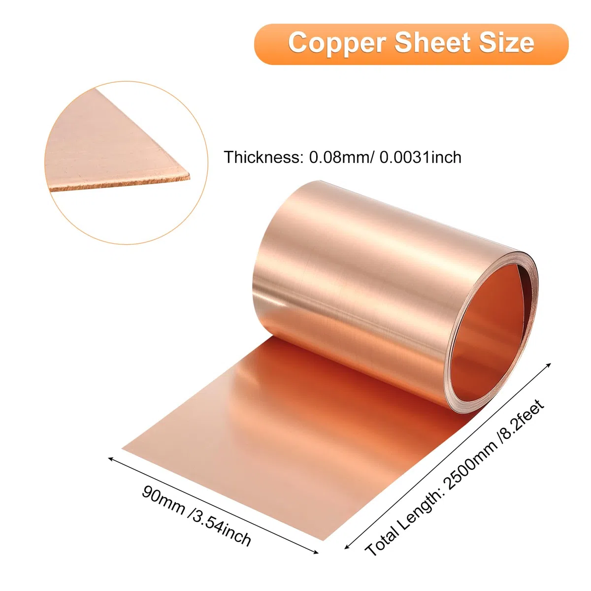 QUARKZMAN Rotolo Di Lamiera Di Rame 2500mm x 90mm x 0.08mm, 4" x 8.2ft 38 Gauge 99.9% Puro Nastro Di Rame Lamiera metallo Piastra Per Progetti Fai Da Te Elettrici (Multiple Dimensioni)