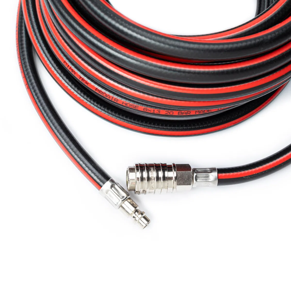 Tubo flessibile per aria compressa in PVC retinato Ø 8 x 13 mm lunghezza 20 mt completo di raccordi ad attacco rapido universale. 100% Made in Italy