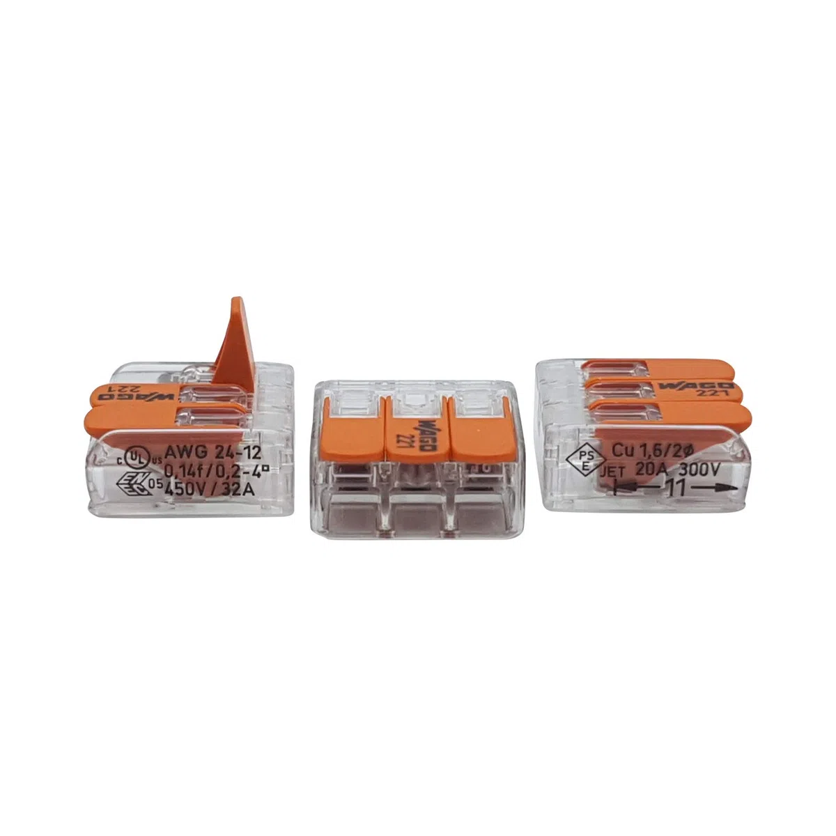 WAGO Terminale plug in 3 vie con cavo per rigid (0,2 – 4 mm²) e cavi flessibili (0,14 – 4 mm²) per aprire again, trasparente/arancione, contenuti: 50 pezzi