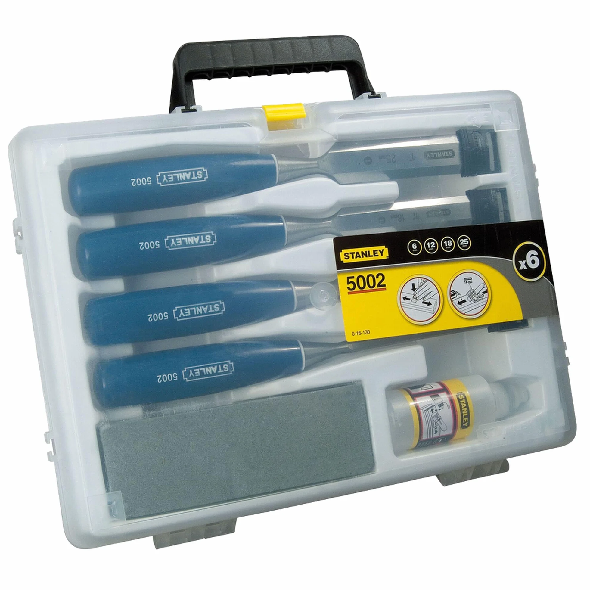 STANLEY 0-16-130 Set 4 Scalpelli con Custodia per il Trasporto, Olio e Pietra per Affilare