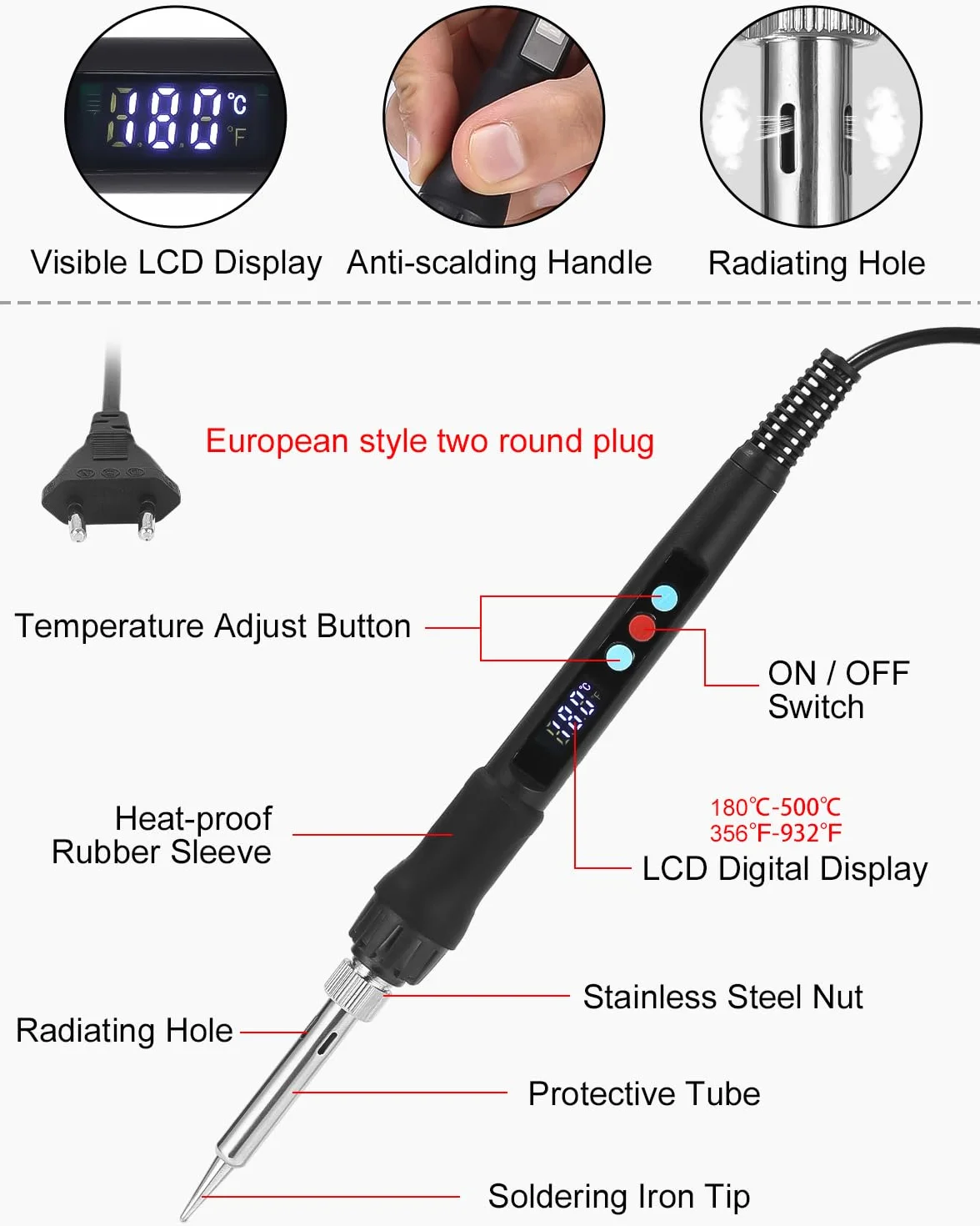 Yulado Saldatore a Stagno 100W, Kit Temperatura Regolabile 180-500℃, Stagnatore Elettrico Professionale 5 Punte