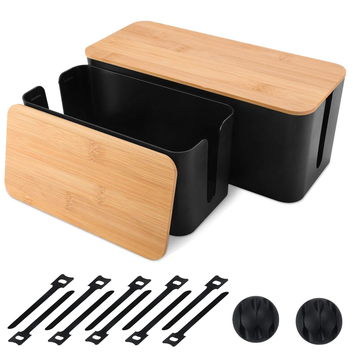 Set da 2 Scatola Cavi, Scatola Nascondi Cavi con Bambù Coperchio, Organizer Cavi, TV/Computer/Router Soluzione Gestione Cavi Scrivania per Ufficio e Casa, senza Installazione