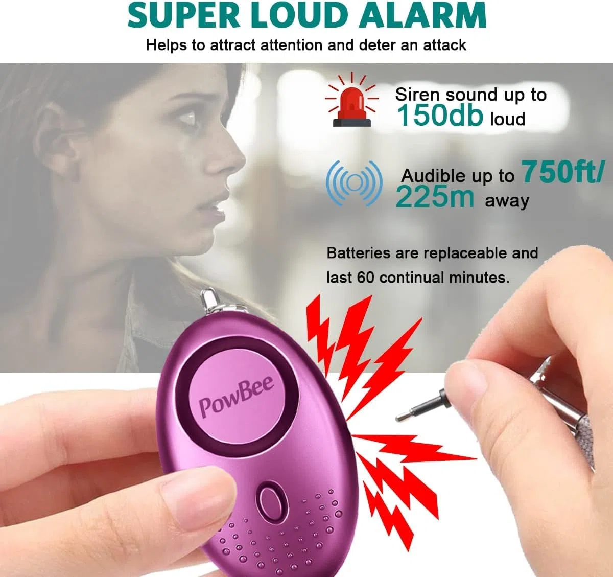 Allarmi personali da donna, confezione da 3 pezzi, riutilizzabili, approvati dalla polizia, 150 dB, con luce LED, piccoli allarmi di sicurezza personali per donne, ragazze, bambini e anziani