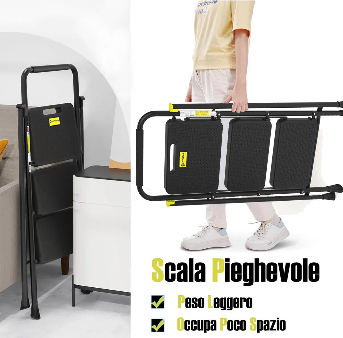 HYTAMA Scala Sgabello Pieghevole con Ampio Pedale Antiscivolo, Scala in Acciaio Robusta, Impugnatura Comoda, Leggera, Sgabello Portatile in Acciaio,Certificata EN14183 (NERO, 2 Gradini)