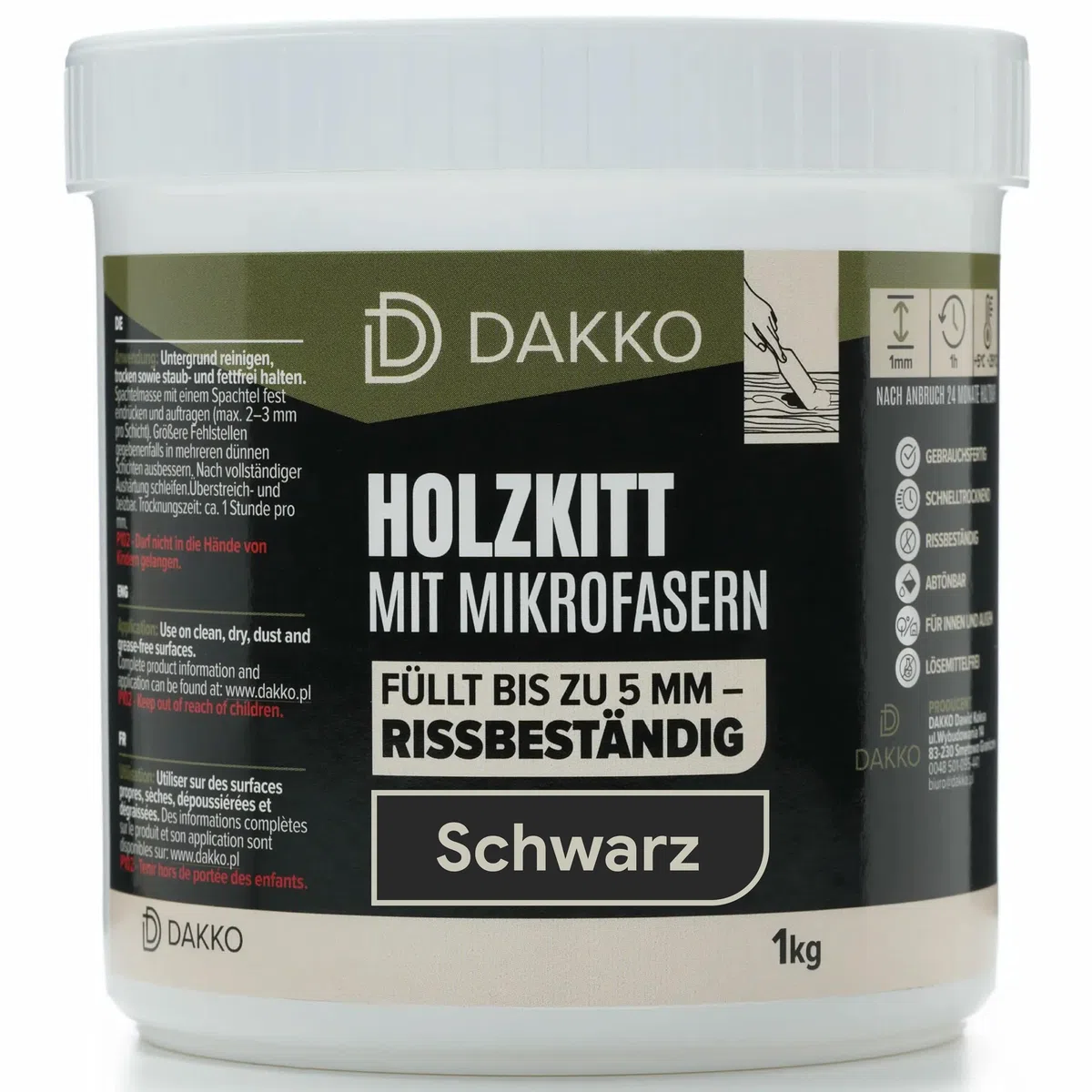 DAKKO Stucco per Legno Riempitivo 1 kg, Nero - Stucco in Pasta con Microfibre di Bambù, Pronto all’Uso per Mobili, Porte, Fori e Crepe, Interni ed Esterni, Resistente alle Crepe