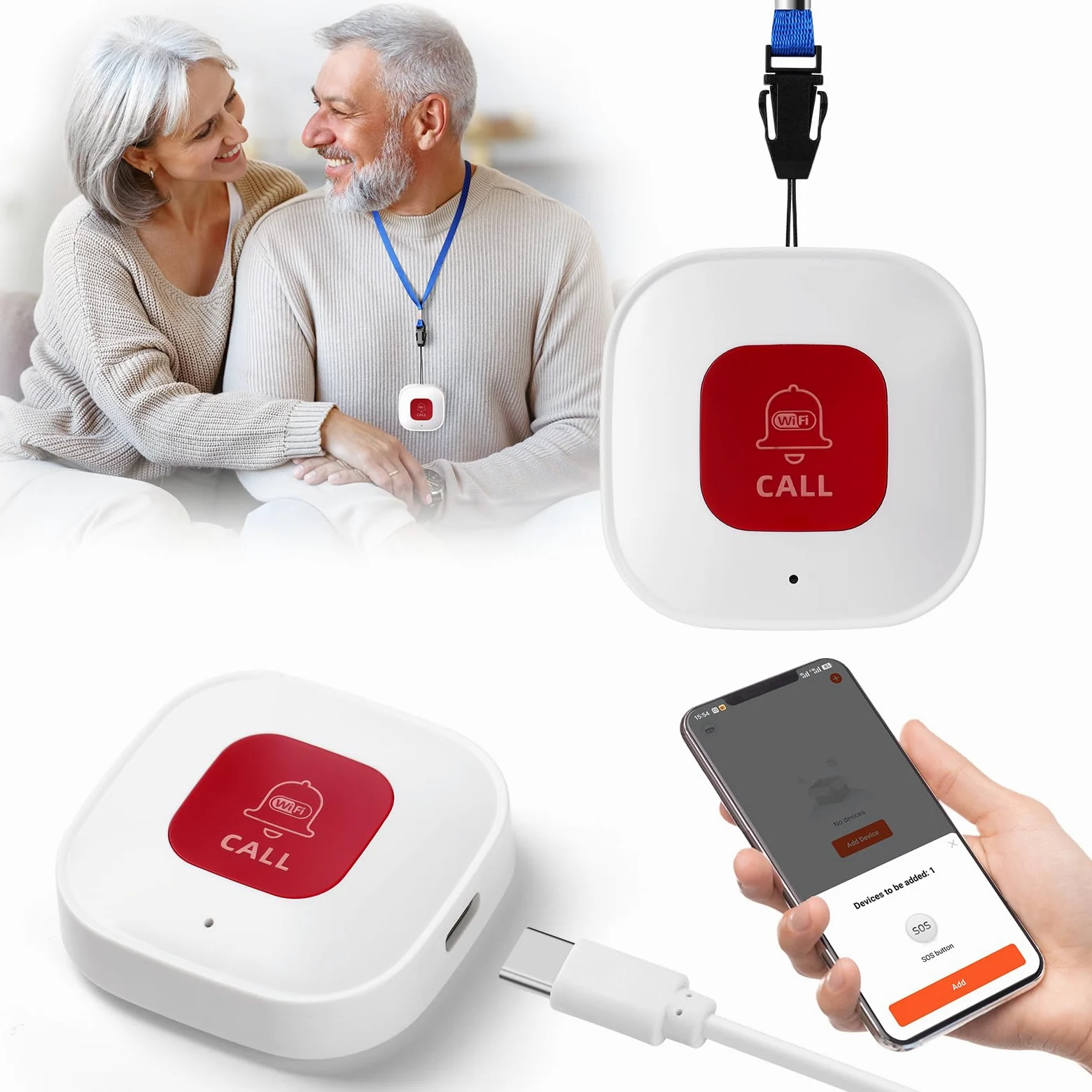 Ainiv WiFi Smart SOS Allarme Pulsante di Emergenza, Lsante di Emergenza per Anziani Pulsante, Ricevitore Portatile, Allarme Sicurezza Cercapersone, Sistema Assistenza per Anziani, Ricarica USB