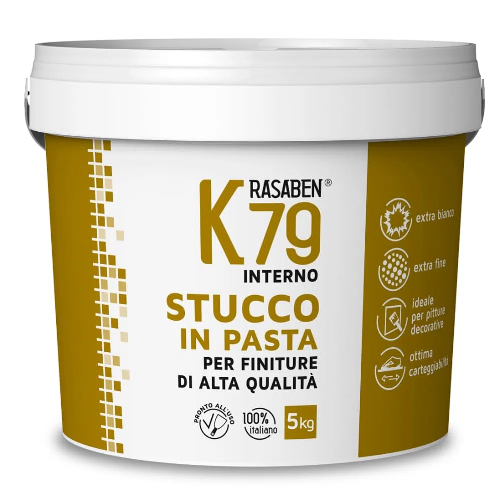 RASABEN - Stucco Bianco in Pasta K79 Pronto all'Uso, Extra Fine per Finiture di Qualità, Ottima Carteggiabilità, Ideale per Pitture Decorative, Uso Interno, Made in Italy, Barattolo da 5kg