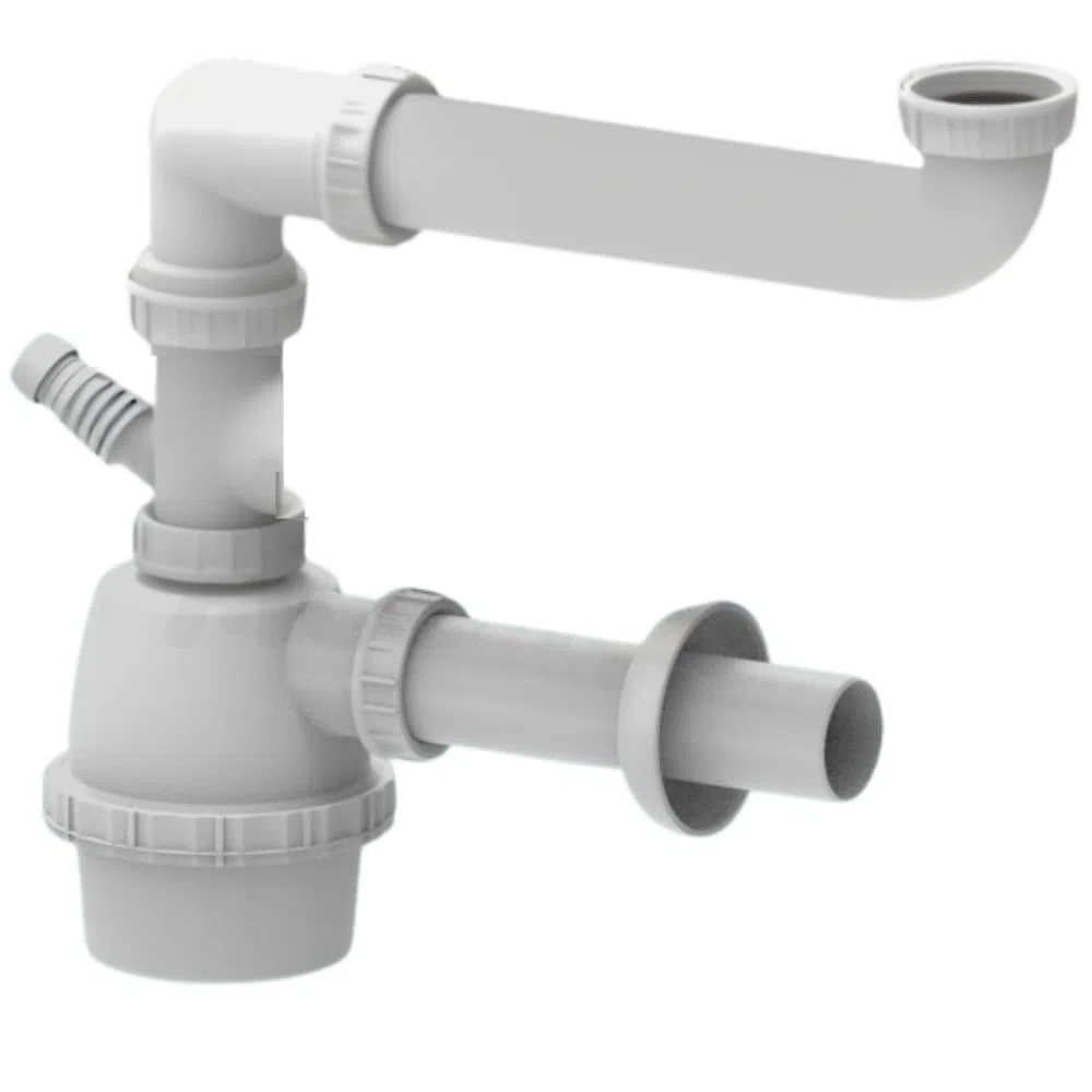 Schläfer 4395311 | Sifone Universale a Fiasco salvaspazio per Lavelli a 1 vasca con Attacco Lavastoviglie 1"1/2 - Uscita Diam 40mm, Scarico Lavandino ad un Bacino con Rosone, Bianco
