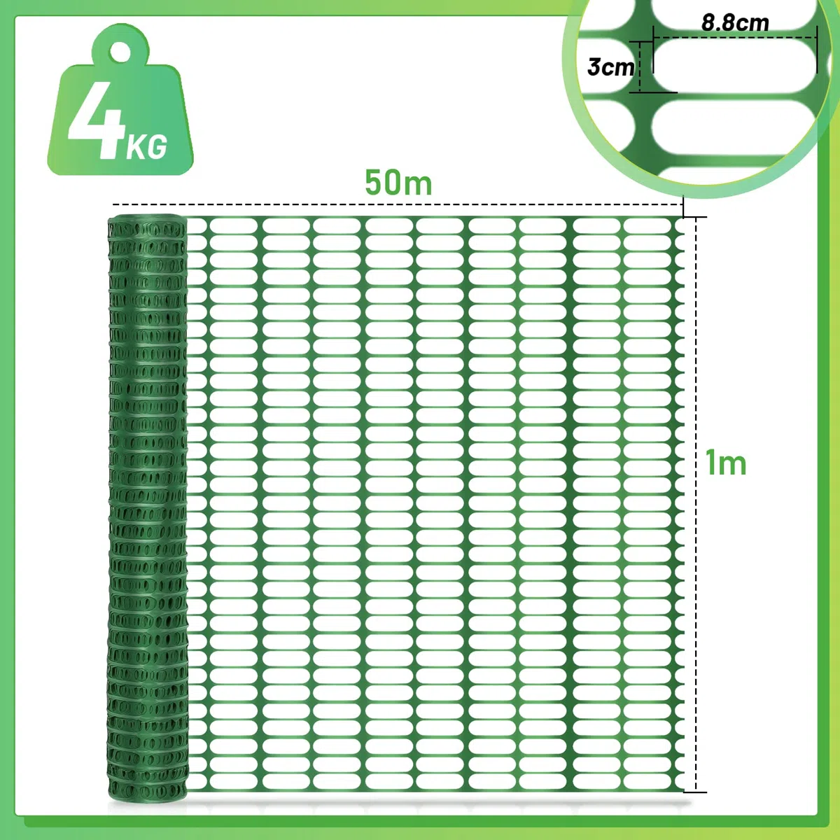 Rete di protezione in plastica, rete di avvertimento, rete di raccolta, recinto di raccolta, rete di sicurezza, rotolo, verde, 1 m x 50 m