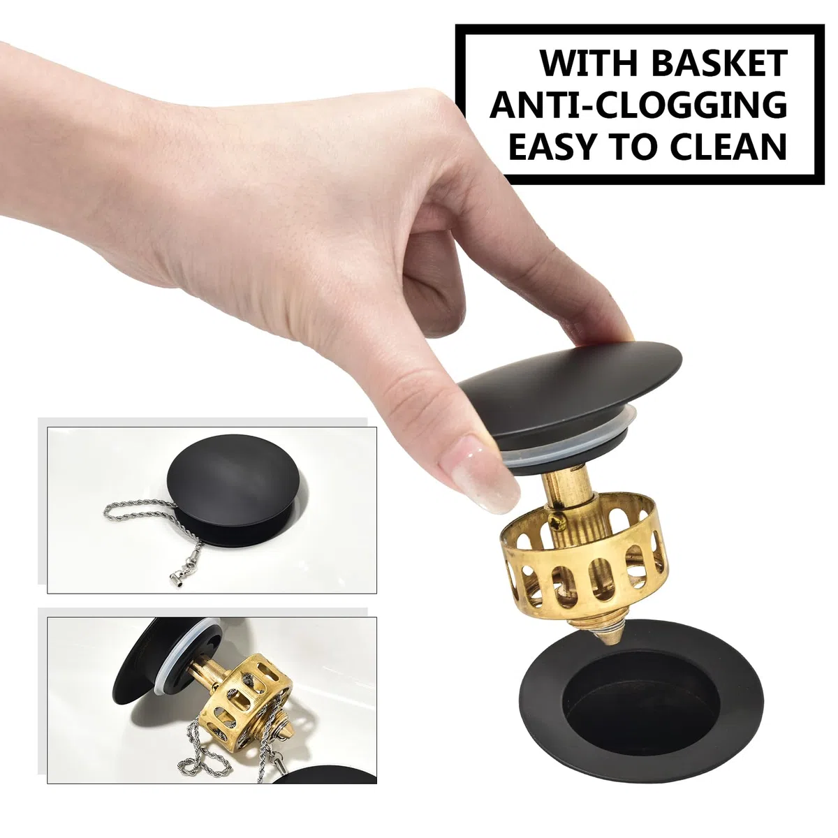 Piletta Universale Per Lavabo Bagno,Piletta Click Clack con Troppopieno, Pilett Pop Up Di Scarico Universale G1 1/4", per Lavello Con Gomma Ispessita, Nero