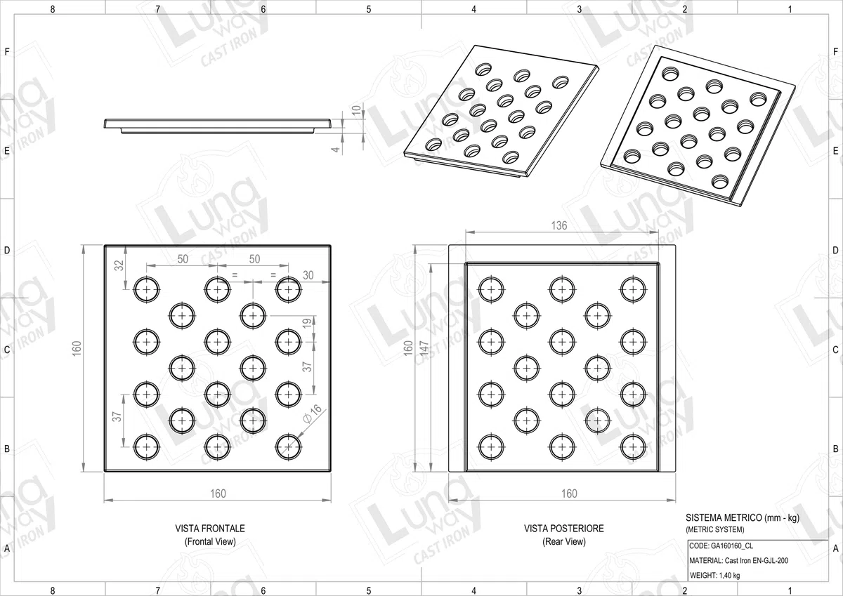 16 x 16 x 1 cm - Griglia in ghisa per raccolta cenere | Adatta per Camini e Stufe | Resistente | Design Moderno | 100% Ghisa qualità LUNAWAY
