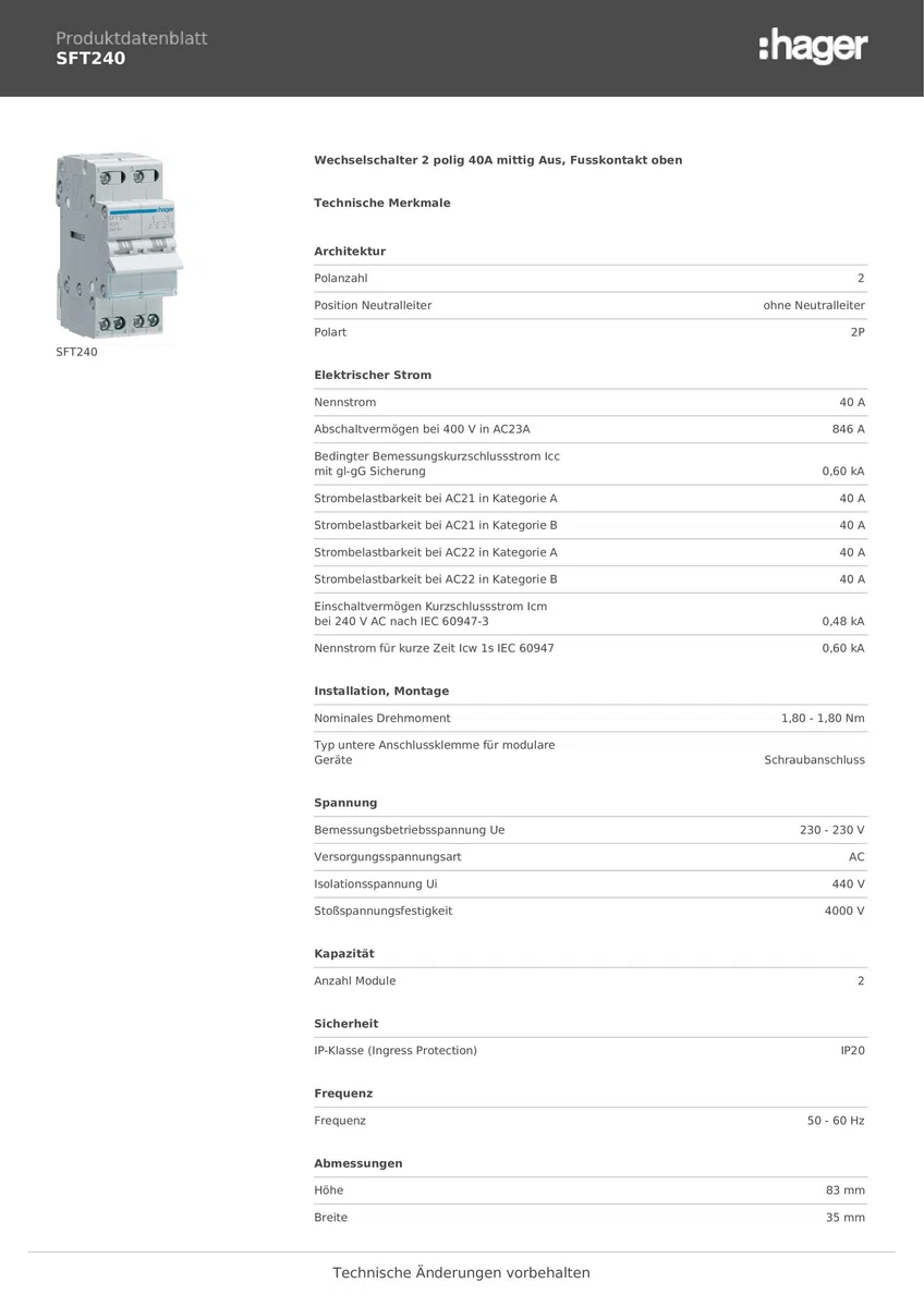 Conmut. mod., 2P,40A,común arriba,I-0-II