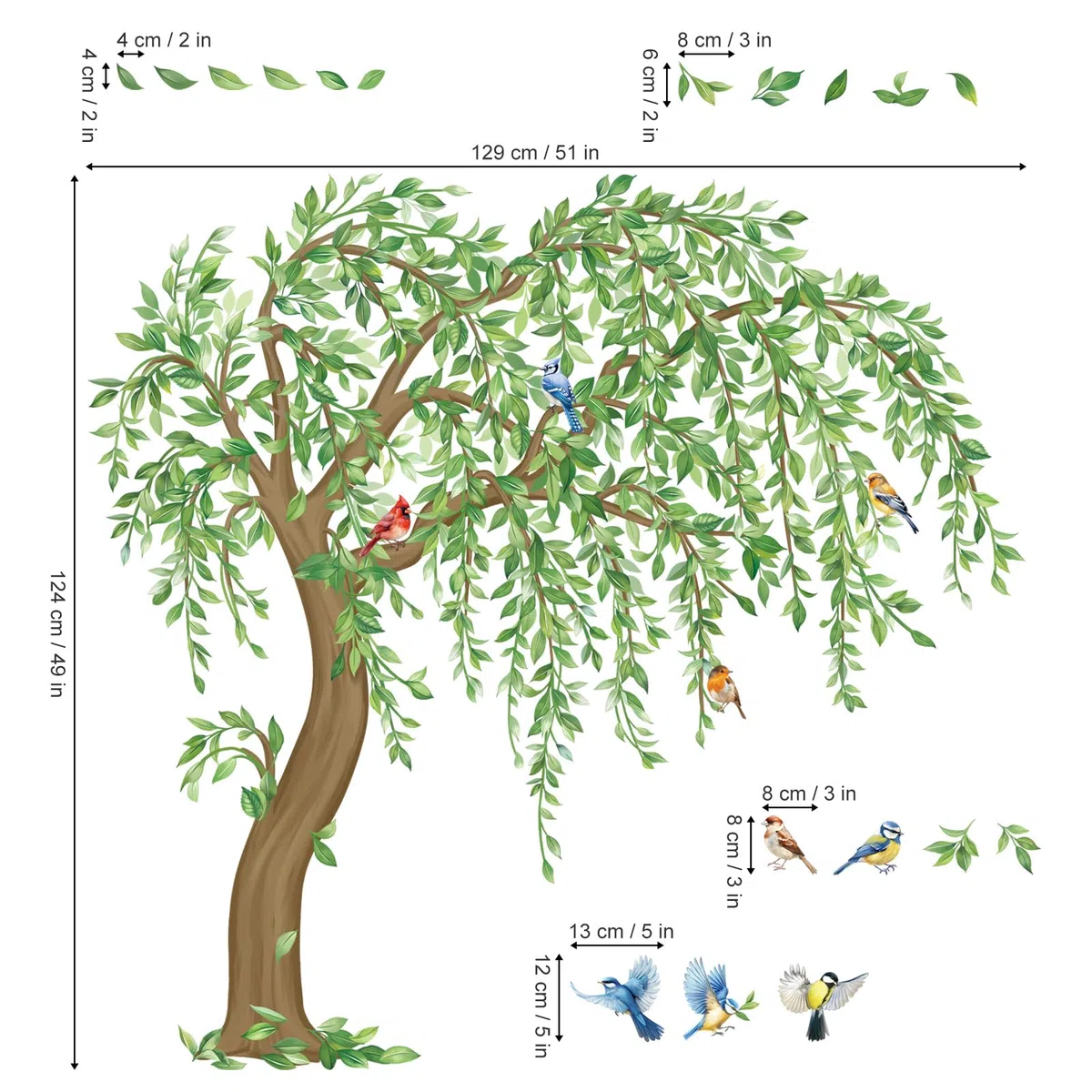 decalmile Adesivi Murali Albero Verde Grande Adesivi da Parete Foglie Verdi Piante Uccelli sul Ramo Decorazione Murale Camera da Letto Soggiorno Ufficio Divano