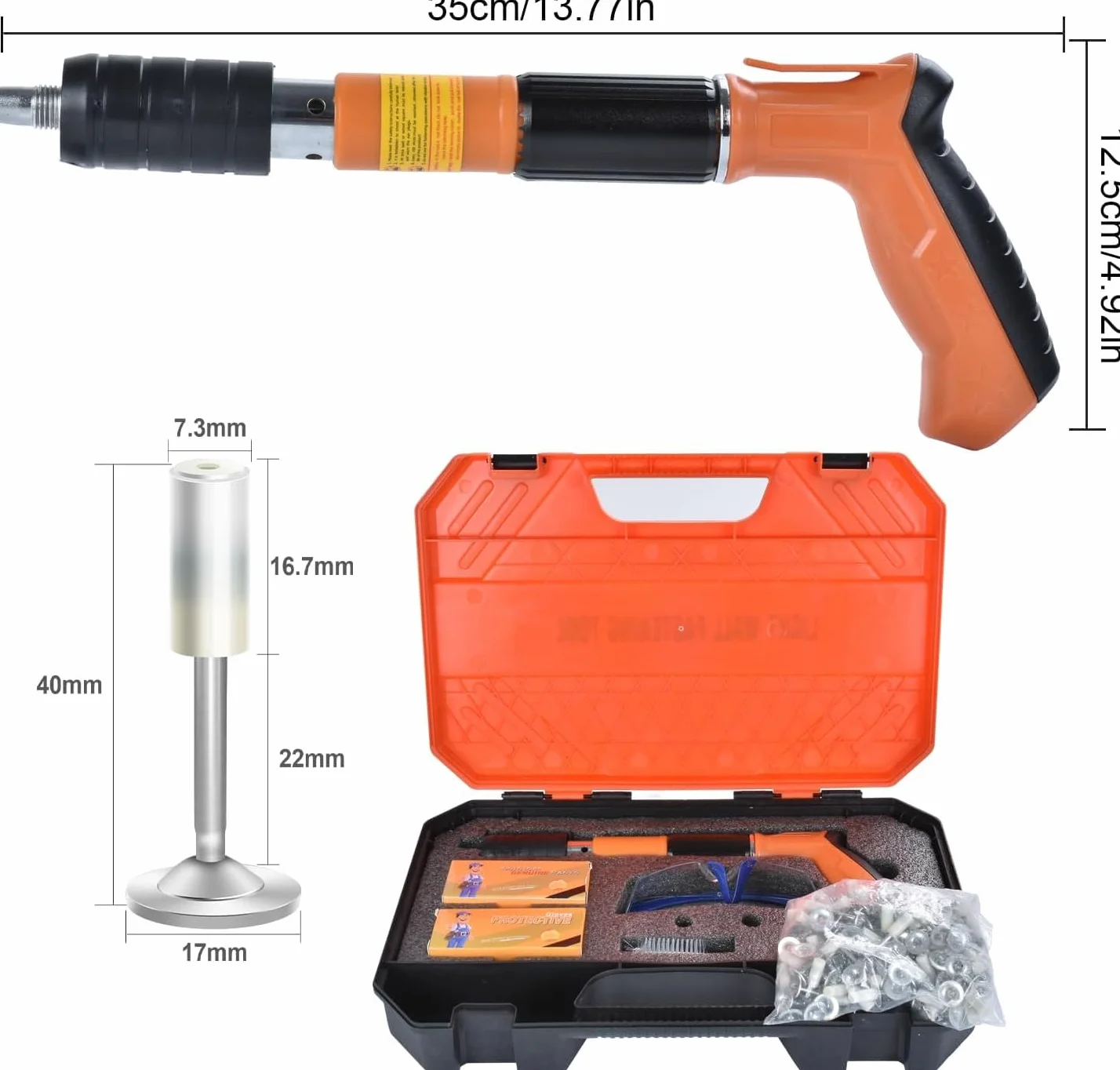 Pistola Chiodatrice Manuale per Calcestruzzo e Acciaio, Mini Chiodatrice con 5 Livelli di Potenza Regolabili, Silenziosa, Kit con 220 Chiodi e Accessori per Parete, Soffitto e Canalina (Arancione)