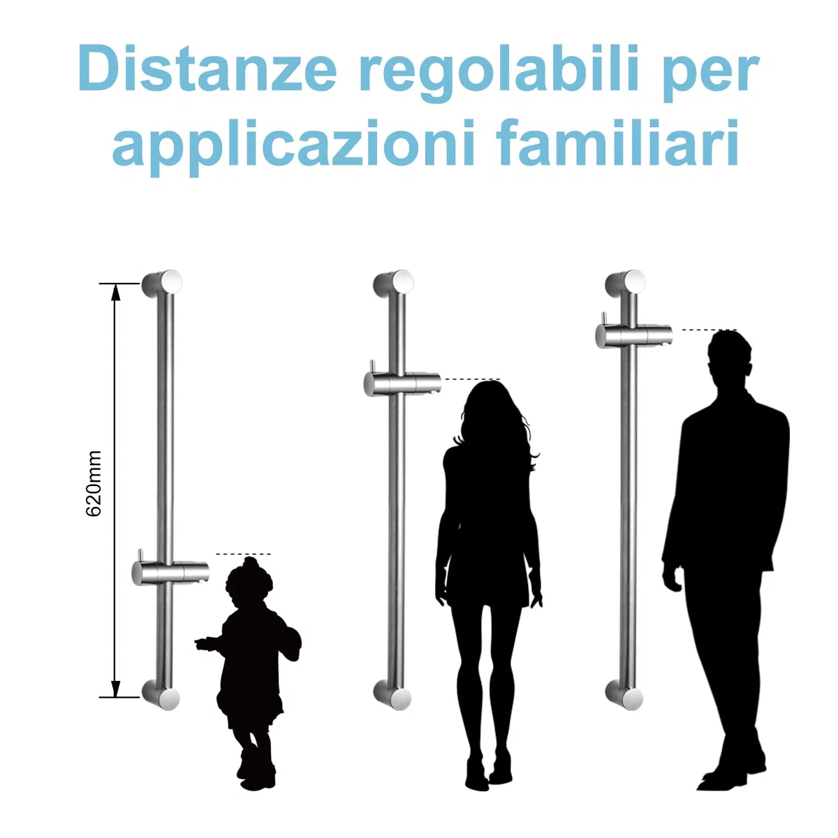 OFFO Asta saliscendi per doccia, 62 cm, montaggio a parete, distanza regolabile da 28 a 61 cm, con supporto di ricambio per soffione doccia, cromato