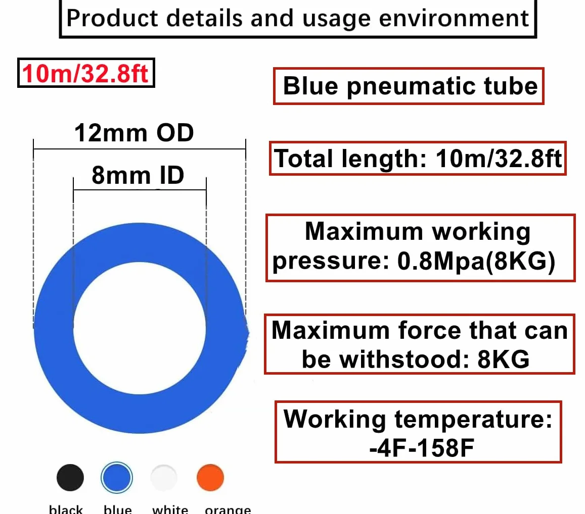 10 Metri Tubo per Aria Poliuretano Blu,12mm Diametro Esterno 8mm Diametro Interno Tubo Pneumatico per Aria Compressa,Pneumatico Flessibile 32.8ft con 14 Pcs Attacchi Rapidi