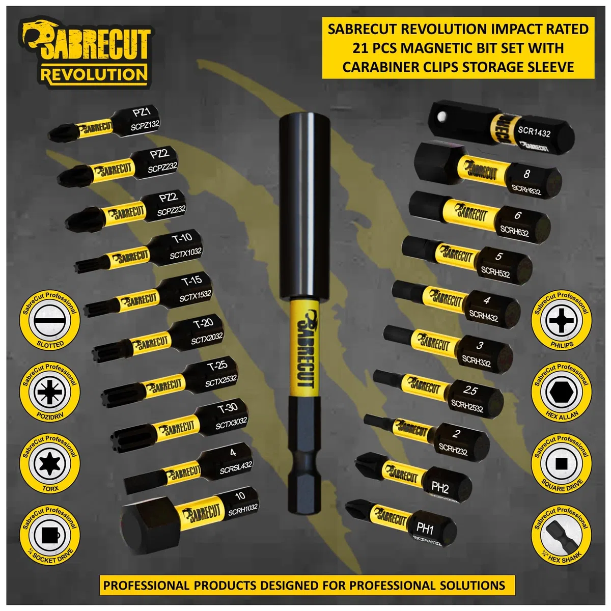 21 x SabreCut MRSCB01 Portapunte a impatto magnetico da 78mm con 20 punte da 32mm PH1 PH2 PZ1 PZ2 Torx T10 T15 T20 T25 T30 Hex HX H2 H2.5 H3 H4 H5 H6 H8 H10 SL4 Adattatore per attacco quadro