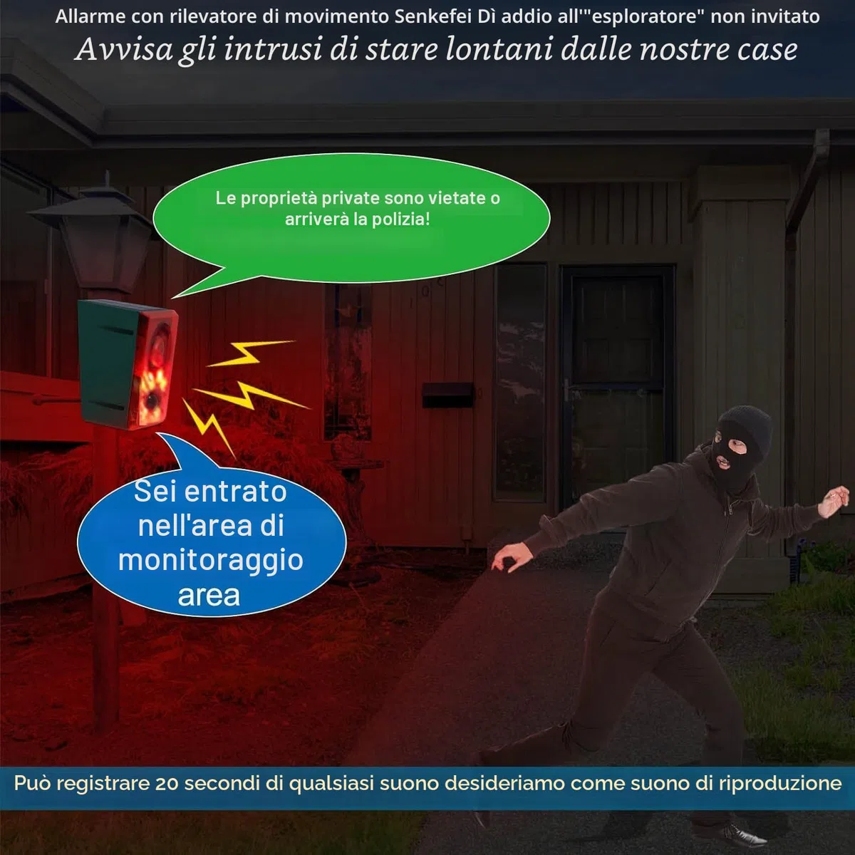 Allarme sensore di movimento solare da esterno - Cane che abbaia e sparo, generatore di rumore forte da 130 dB, 3 modalità di lavoro con luce stroboscopica USB, dì addio agli intrusi