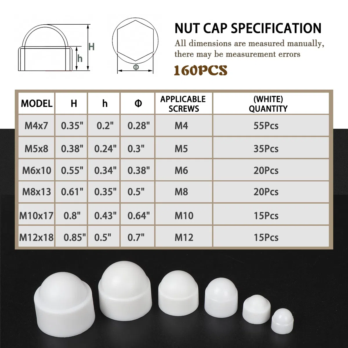 Gueenky 160 Pezzi Cappuccio Copri Dado M4 M5 M6 M8 M10 M12, Tappi Copri Viti Bianco Copri Bulloni Cappucci di Protezione Dado a Cupola Coperchi per Bulloni Dadi Viti, Nylon