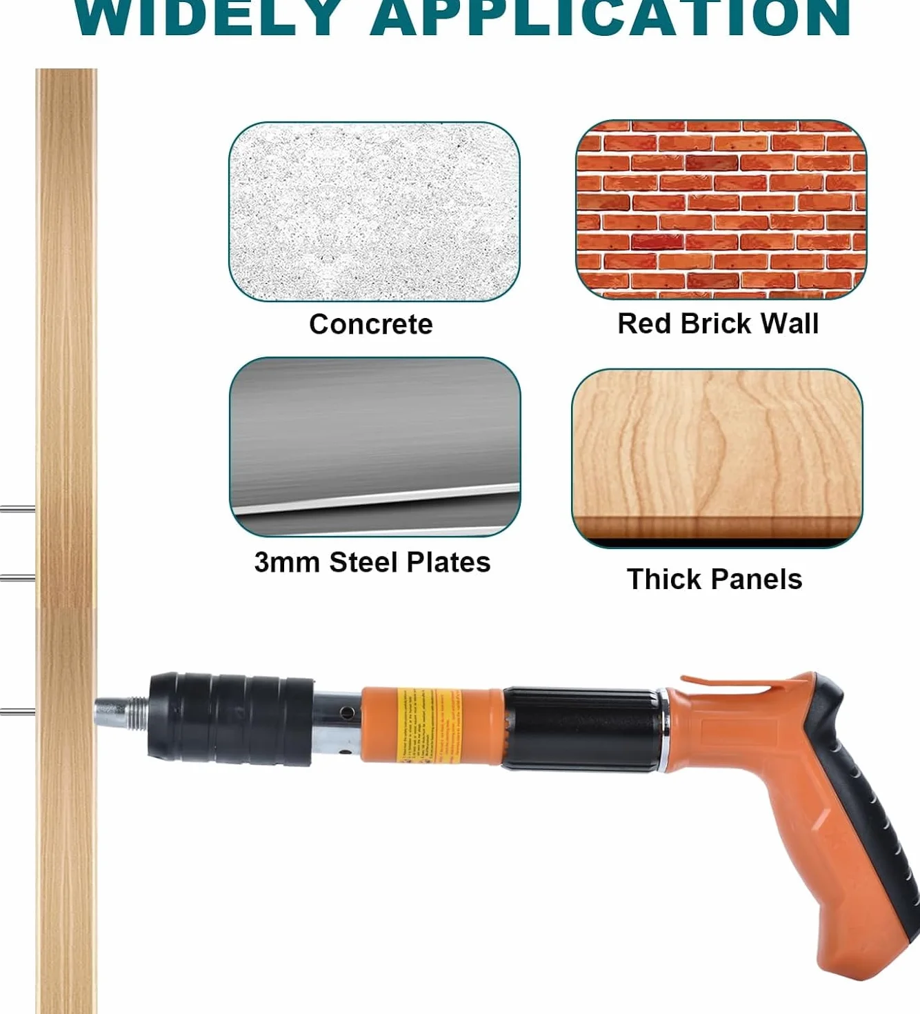 Pistola Chiodatrice Manuale per Calcestruzzo e Acciaio, Mini Chiodatrice con 5 Livelli di Potenza Regolabili, Silenziosa, Kit con 220 Chiodi e Accessori per Parete, Soffitto e Canalina (Arancione)