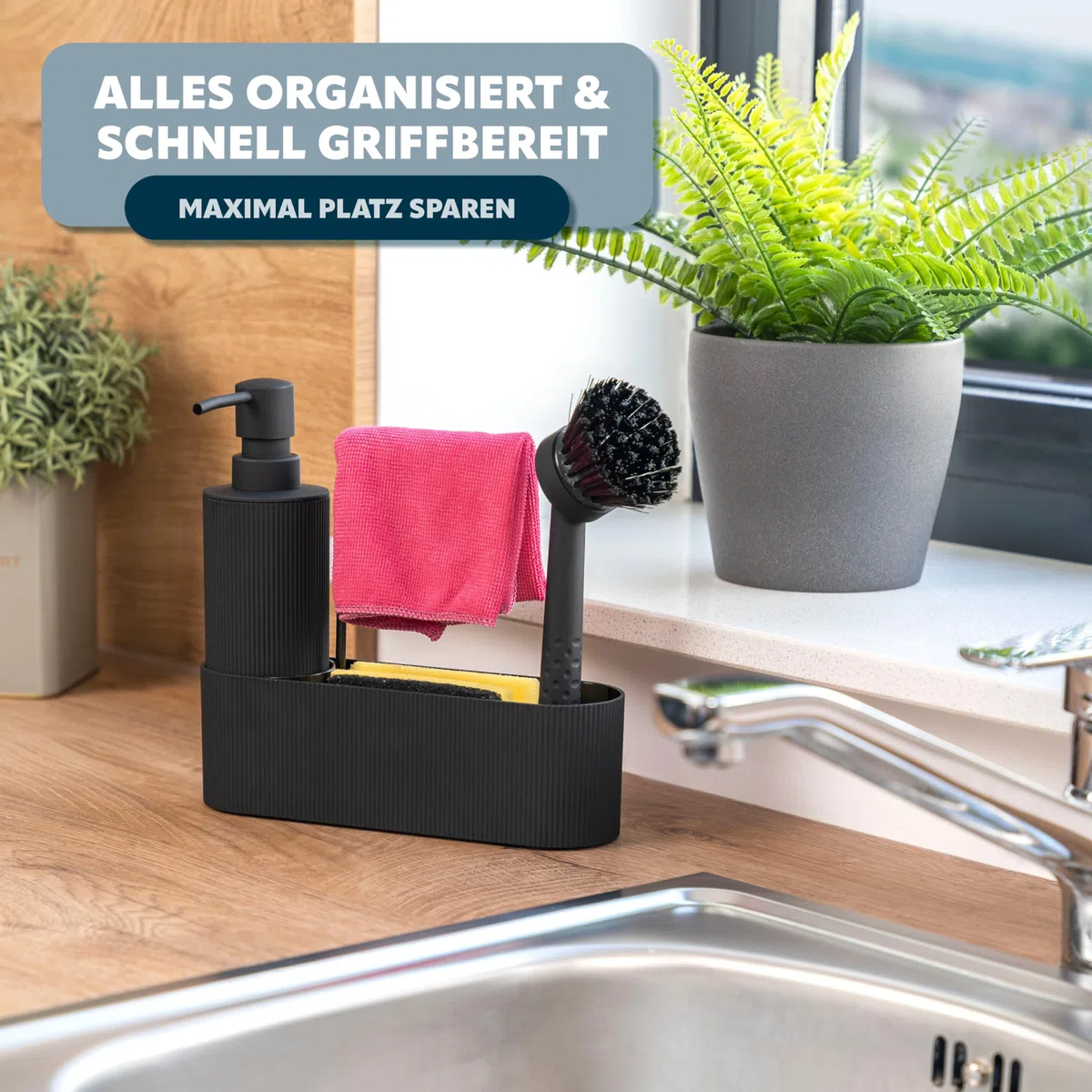 eluno Organizzatore per lavello con superficie soft-touch dal design a coste per cucina e bagno, incl. dispenser di sapone, spazzola per lavare i piatti, con testina di ricambio, nero