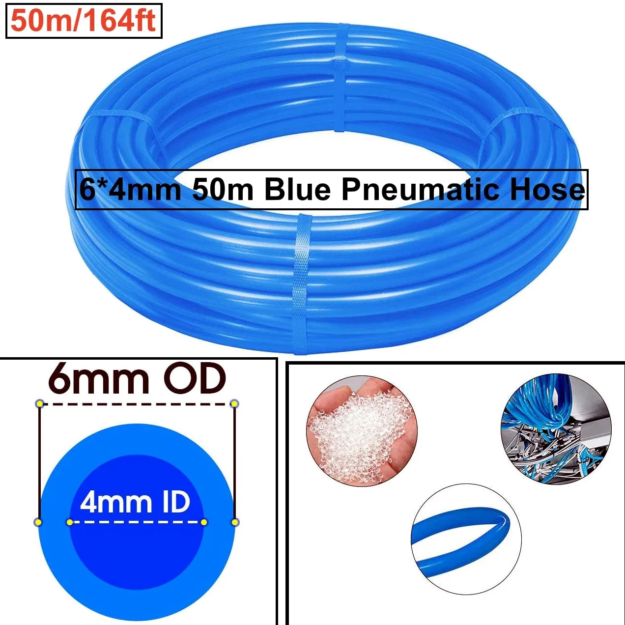 Tubo pneumatico in PU blu HUAZIZ 50 M, tubo pneumatico in poliuretano, tubo flessibile per aria compressa, esterno 6 mm x interno 4 mm + 1 pezzo di tagliatubi blu + 1 pezzo di nastro in teflon rosa