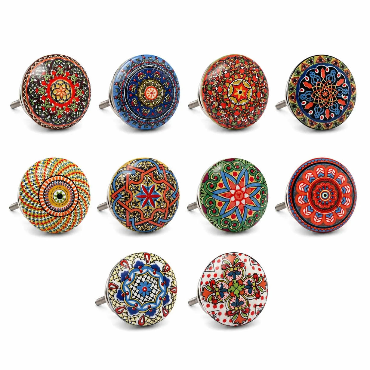 Set di 10 pomelli in ceramica con diversi disegni floreali vintage, dipinti a mano. Maniglie artigianali per armadi, cassetti, cassettiere e appendiabiti. Pomelli classici da 40 mm di diametro.