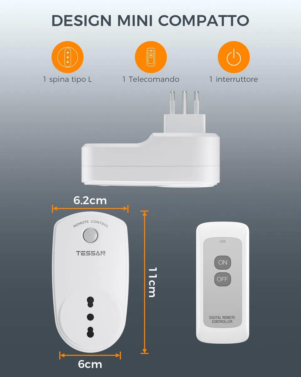 TESSAN Presa Telecomandata con Telecomando, Presa di Corrente Radiocomandata con portata di 25 metri, PreProgrammato Wireless Interruttore Spine Italiana 10A Adatto Interno