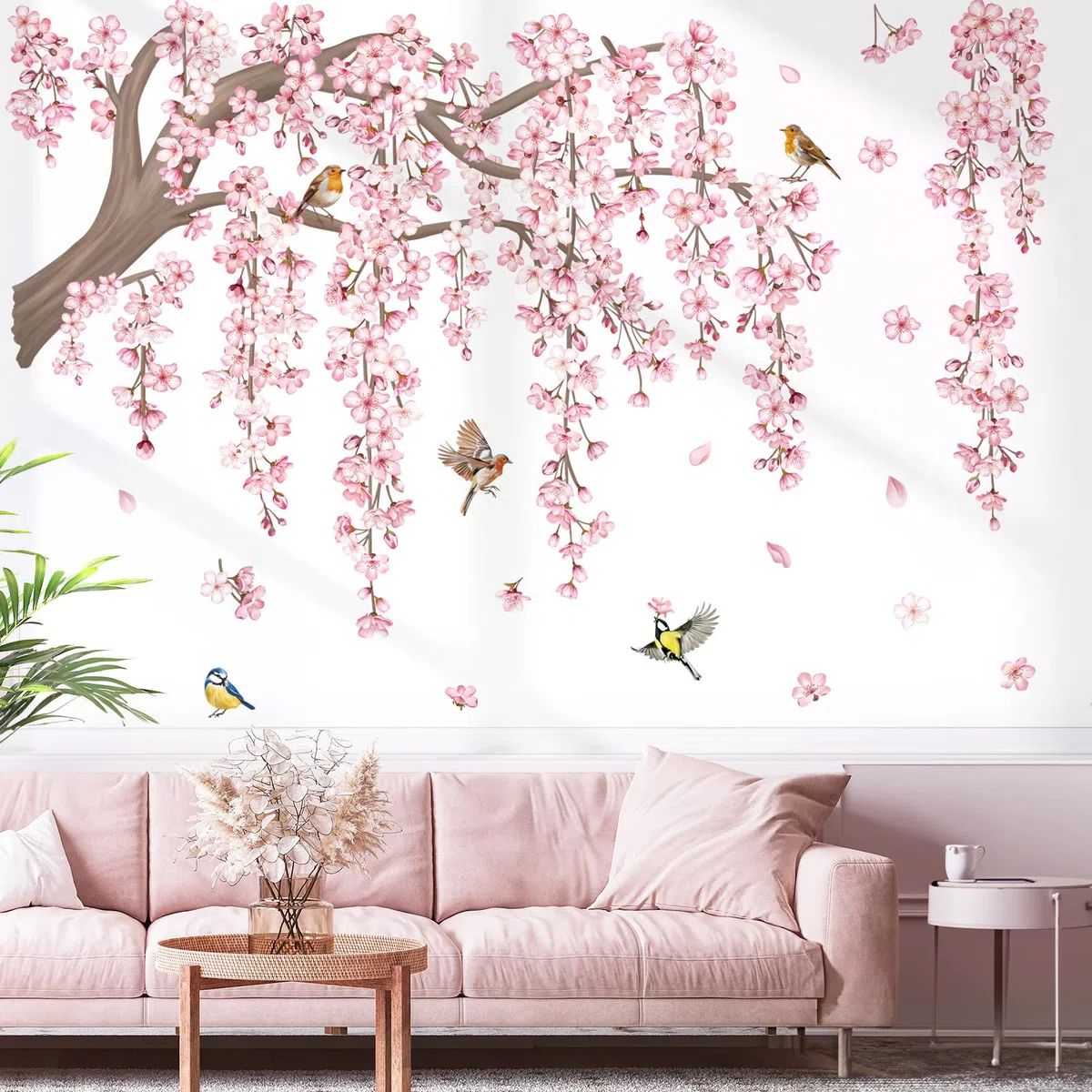 decalmile Adesivi Murali Fiori Rami Albero Rosa Grande Adesivi da Parete Fiori di Ciliegio Rosa Uccelli Decorazione Murale Camera da Letto Soggiorno TV Sfondo