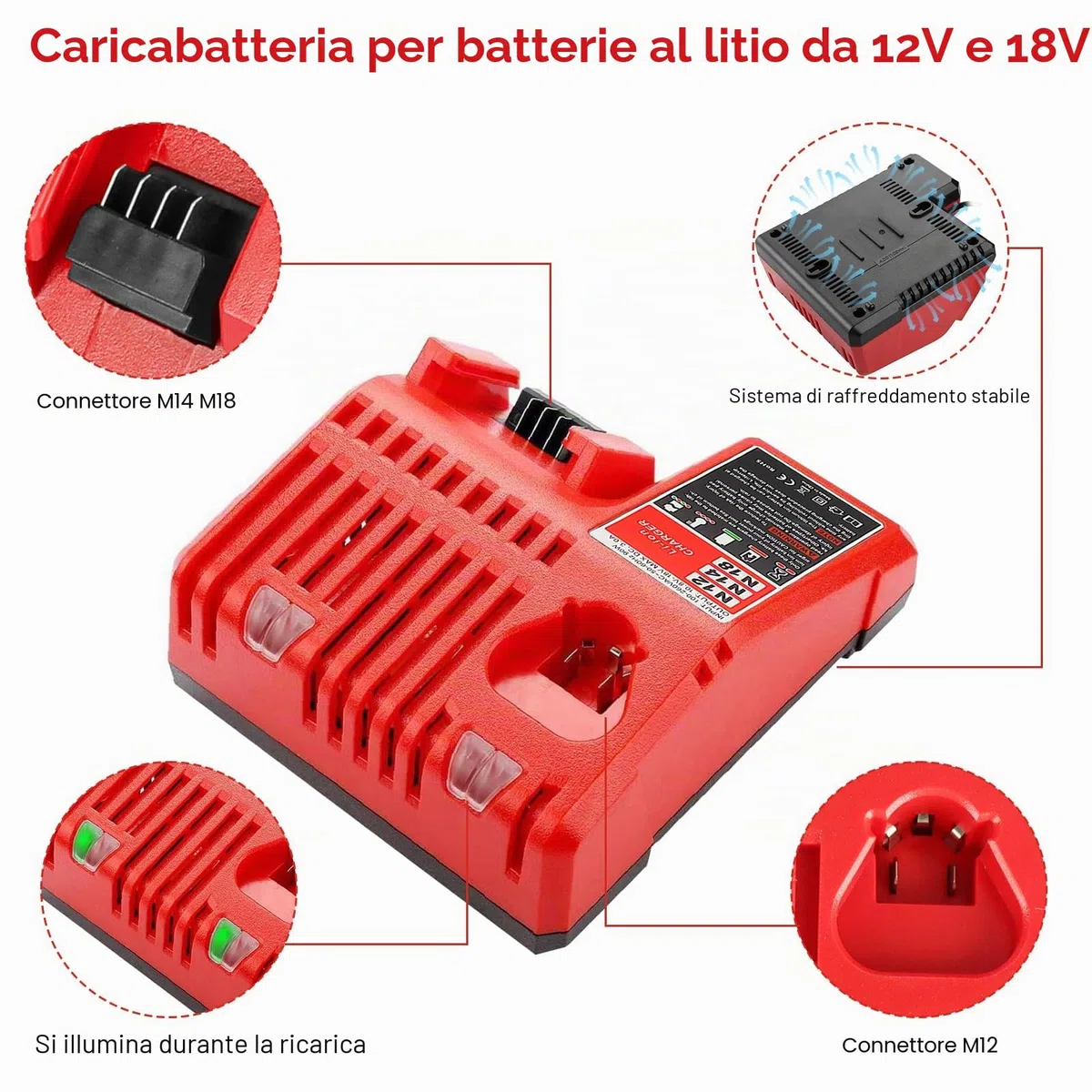 QUPERR Caricabatterie Rapido 3A M12 e M18, Compatibile con Batterie Li-Ion Milwaukee 12V–18V 3Ah 4Ah 5Ah 6Ah, con Indicatore LED e Protezione Multipla