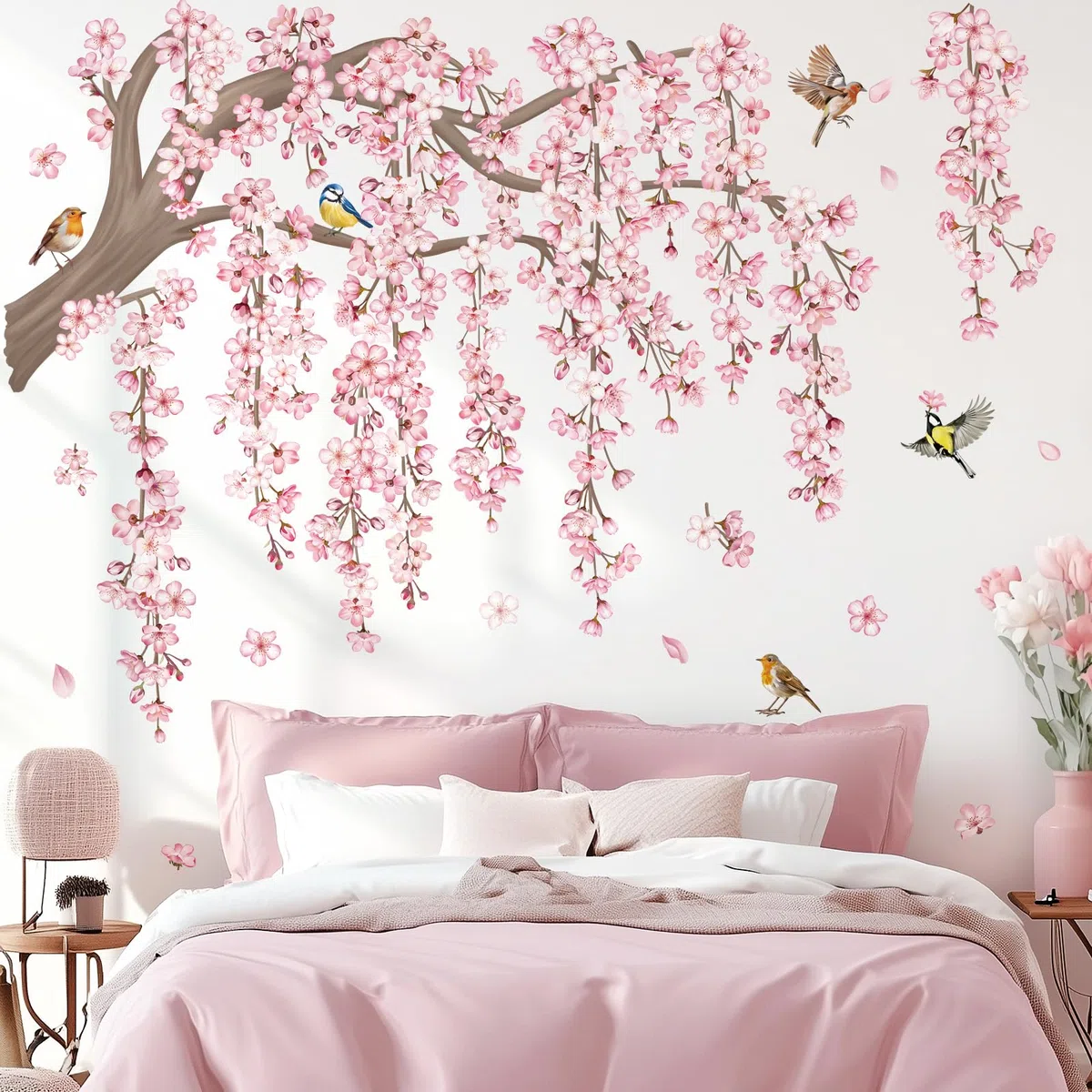decalmile Adesivi Murali Fiori Rami Albero Rosa Grande Adesivi da Parete Fiori di Ciliegio Rosa Uccelli Decorazione Murale Camera da Letto Soggiorno TV Sfondo