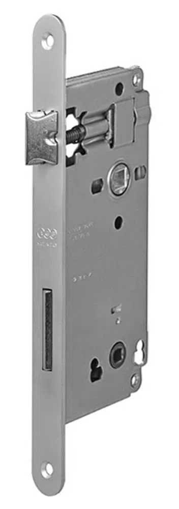 Serratura AGB serie "Patent grande" bordo tondo BAGNO - scrocco reversibile e mandata OTTONATO VERNICIATO azionato dal quadro da mm 6 Frontale mm 18