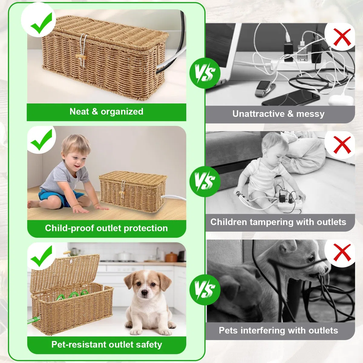 Scatola Portacavi Rattan con Coperchio, Scatola Gestione Contenitore Multipresa Rattan Sintetico, Organizzazione Grovelli Organizer Prolunghe Elettrici Prevenzione Grovigli per Casa Ufficio Scrivania