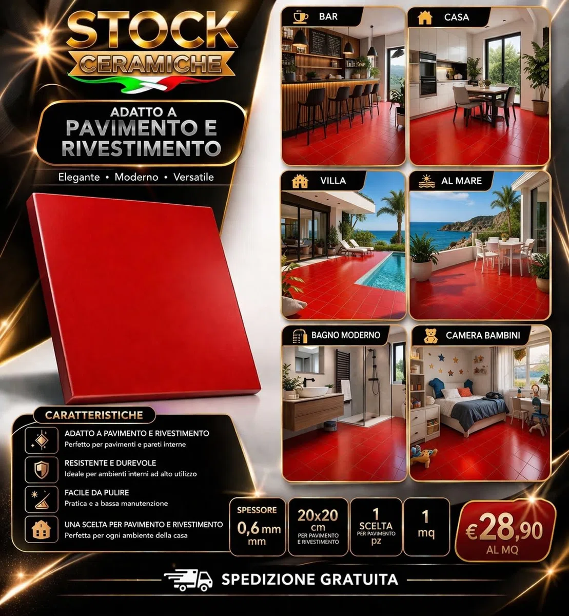 piastrella rosso 20 x 20 cm da rivestimento bagno, cucina, doccia, e molto altro, PREZZO RIFERITO A 1 SCATOLA 1 mq (25 pz)