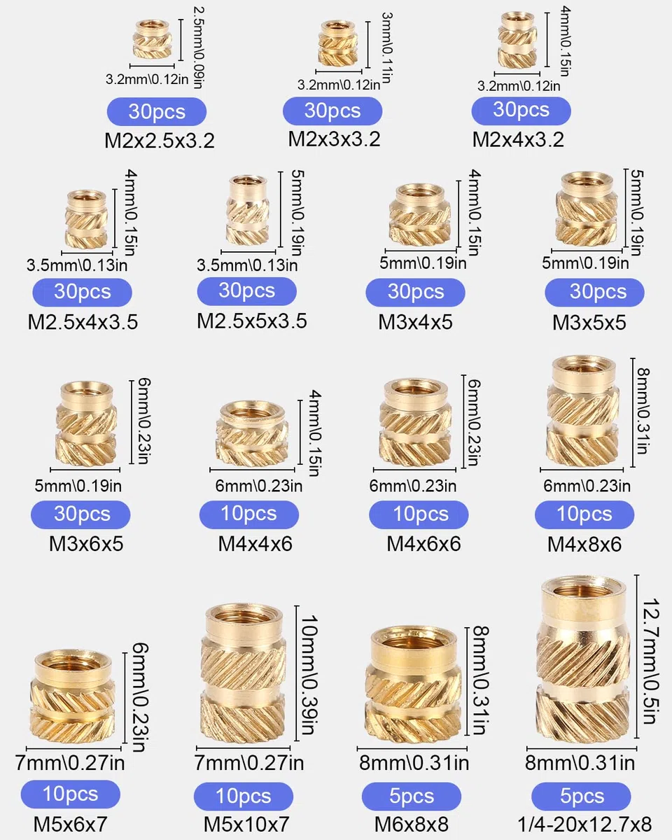 300 Pezzi Inserto Filettato, M2 M2,5 M3 M4 M5 M6 Inserti Filettati Zigrinati dadi in Ottone, Inserti Filettati, Dado Inserto Filettato per Stampate in 3D, Parti in Plastica