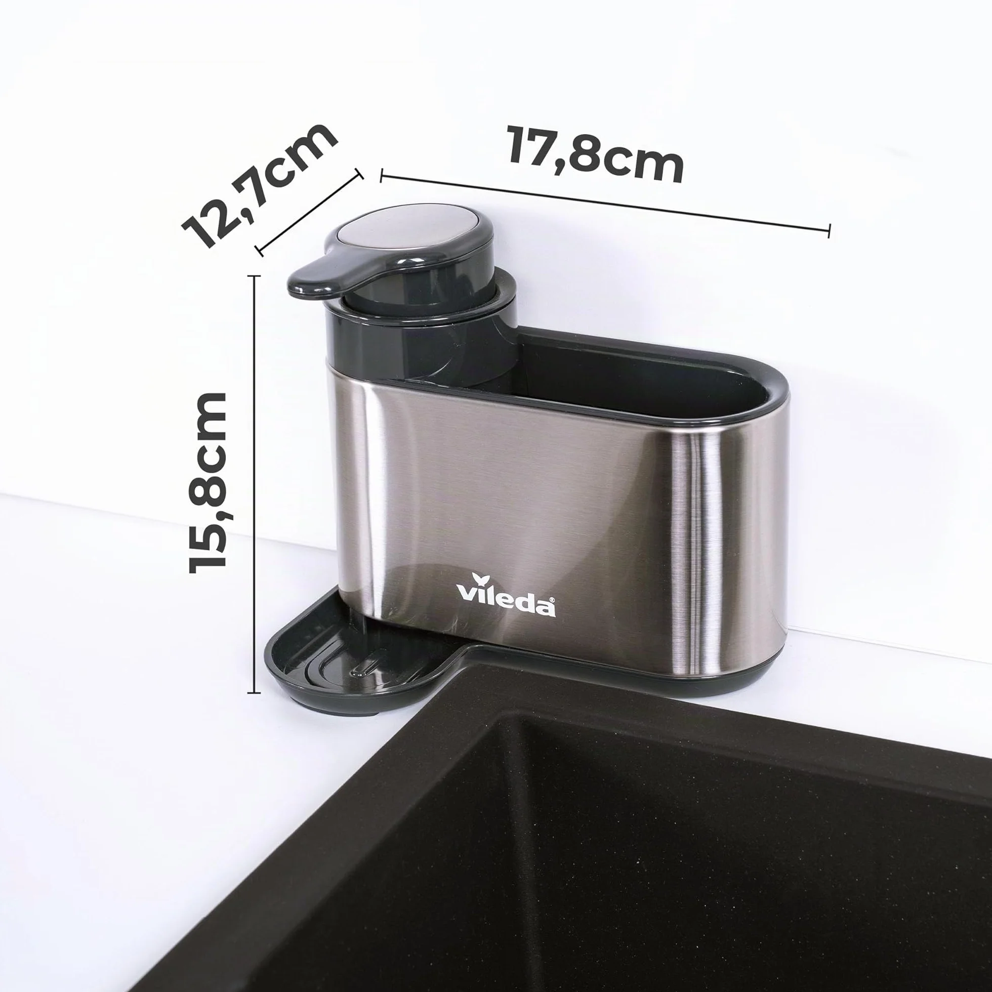 Vileda Sink Organizer con Dispenser di Sapone in Acciaio Inox - Porta Spugne da Cucina indipendente - Organizer Lavastoviglie con Dispenser di Sapone per Spugne e Spazzole - Durevole e Antiruggine