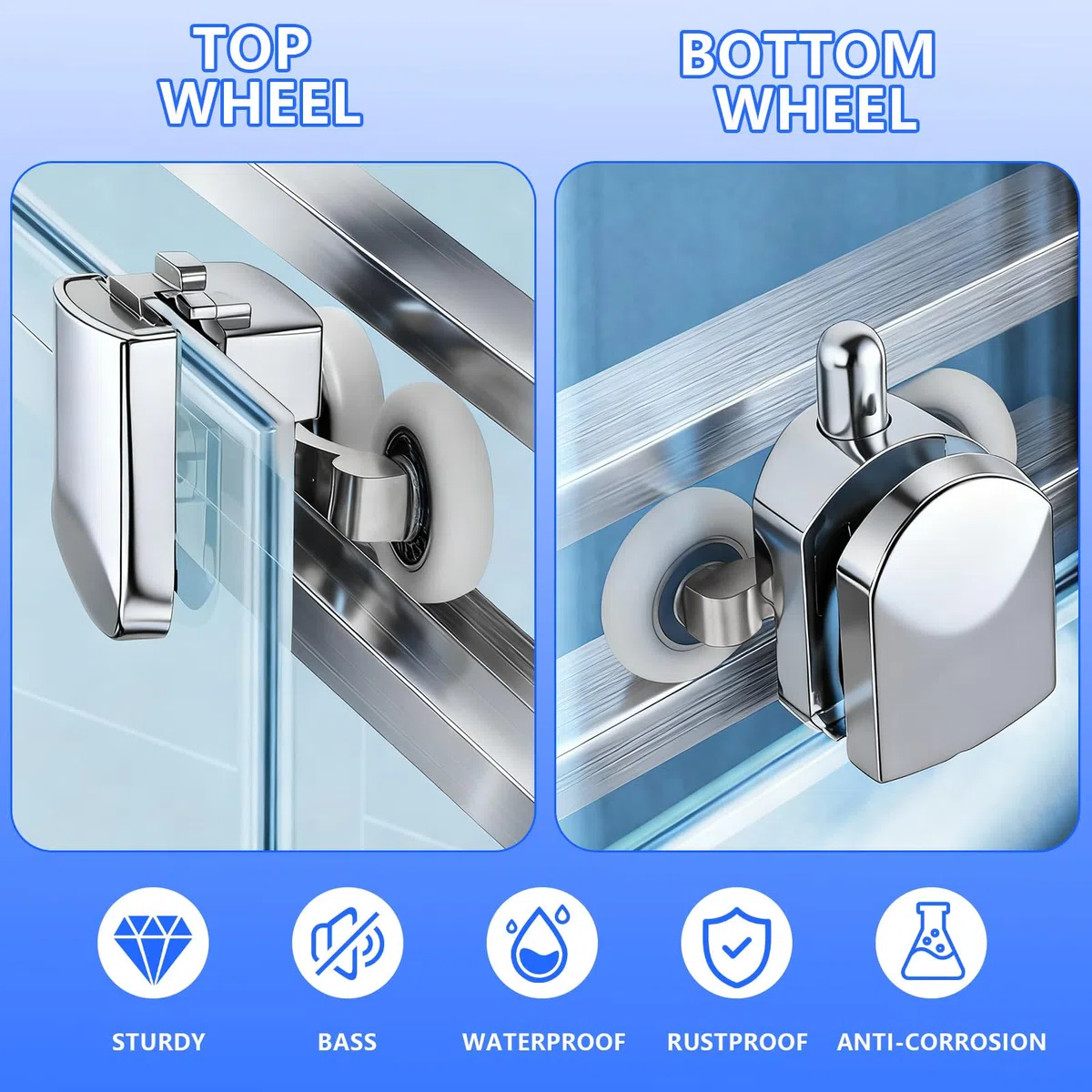 YOUNGSAY 8 Pezzi Rulli Per Porta Doccia, 25mm Silenziose e Antiruggine Rotelle Box Doccia con Blocchi Anticollisione e Viti per Porta in Vetro da 4 a 6 mm ((4 Rulli Superiori + 4 Rulli Superiori)