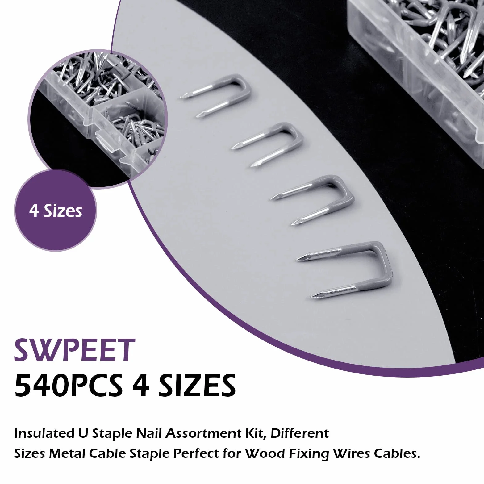 Swpeet 540 pezzi 5 misure 0,9 cm 1,0 cm 1,1 cm 1,4 cm isolati U graffette assortimento kit di diverse dimensioni graffette metalliche perfette per cavi di fissaggio in legno