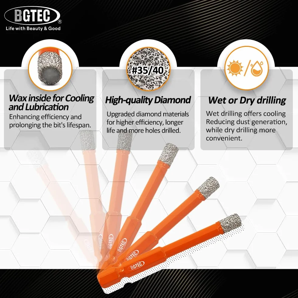 BGTEC Punte Trapano Diamantate 10 pezzi- 5/6/8/10MM + Trapano in Carburo 5/6/8/10MM per Piastrelle, Ceramica, Marmo, Granito, Cemento, Legno, Plastica, Muratura - con punta a cacciavite PH2