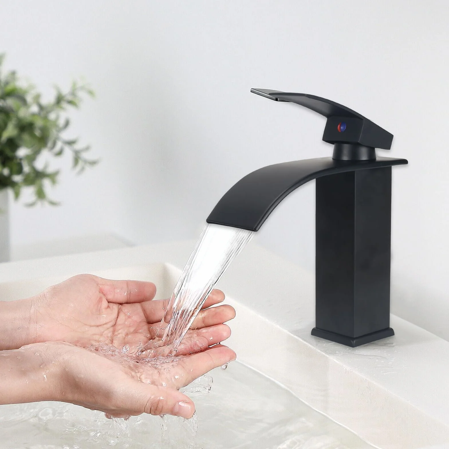 Rubinetto Bagno Lavabo Miscelatore Lavabo Bagno Rubinetto per Lavabo a Cascata Rubinetto Lavabo Cascata con Altezza del Beccuccio di 110 MM Miscelatore Monocomando con Finitura Cromata Nero