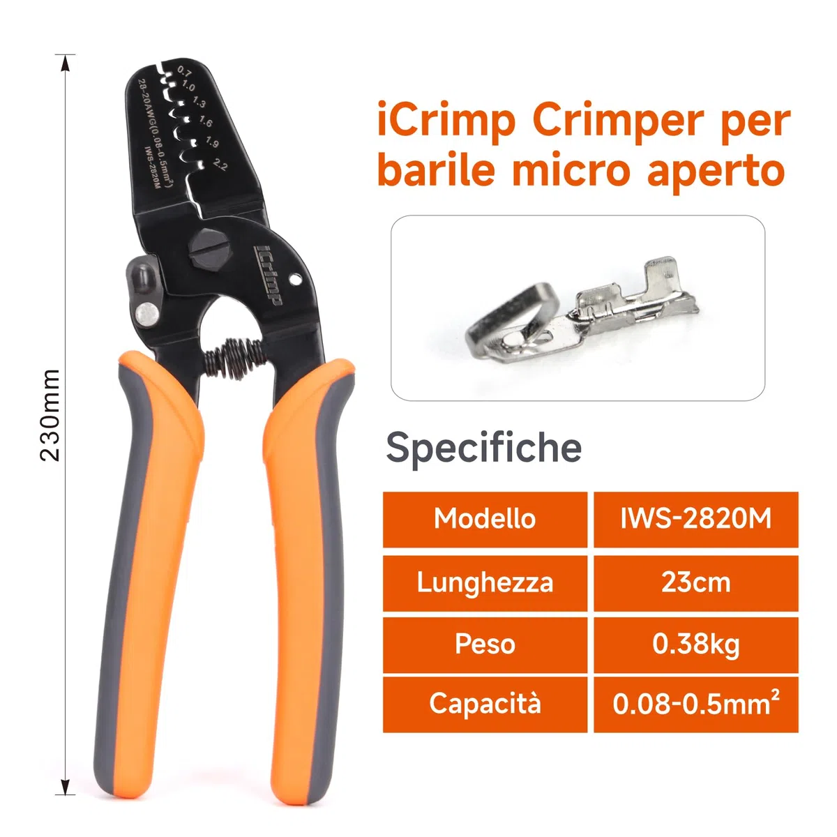 iCrimp IWS-2820M Mini strumenti di crimpatura a barile aperto per micro cavi 0,08-0,5 mm². Compatibili con terminali e connettori JAM, Molex, Tyco e JST