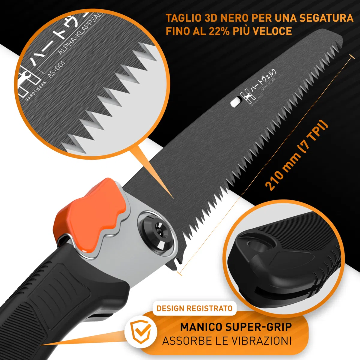HARDTWERK ALPHA Sega pieghevole per potatura con blocco di sicurezza (210 mm) per giardino