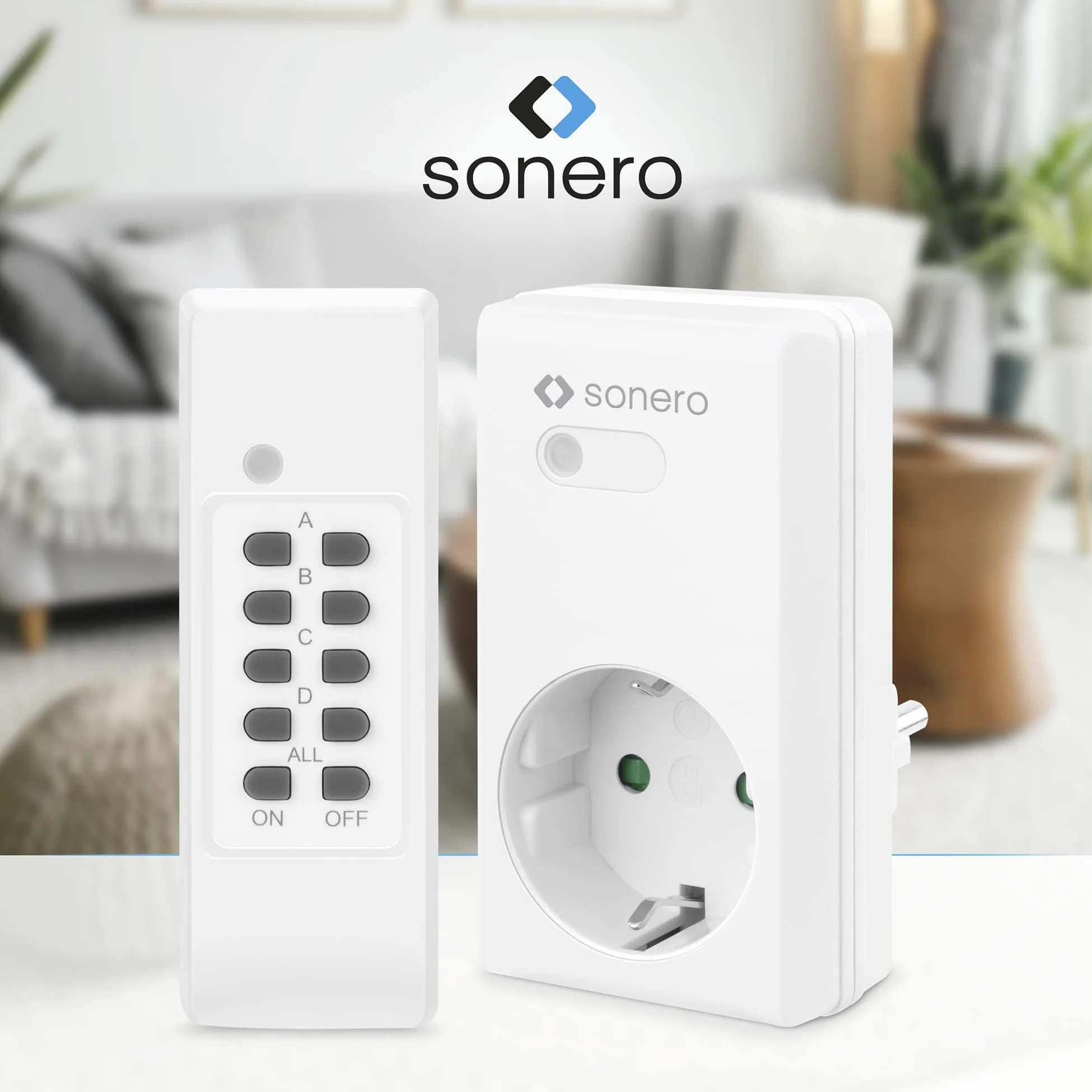 Sonero set di prese radiocomandate: 4x presa radiocomandata e 1x radiocomando, 1100 watt, portata massima 30m, interno, bianco