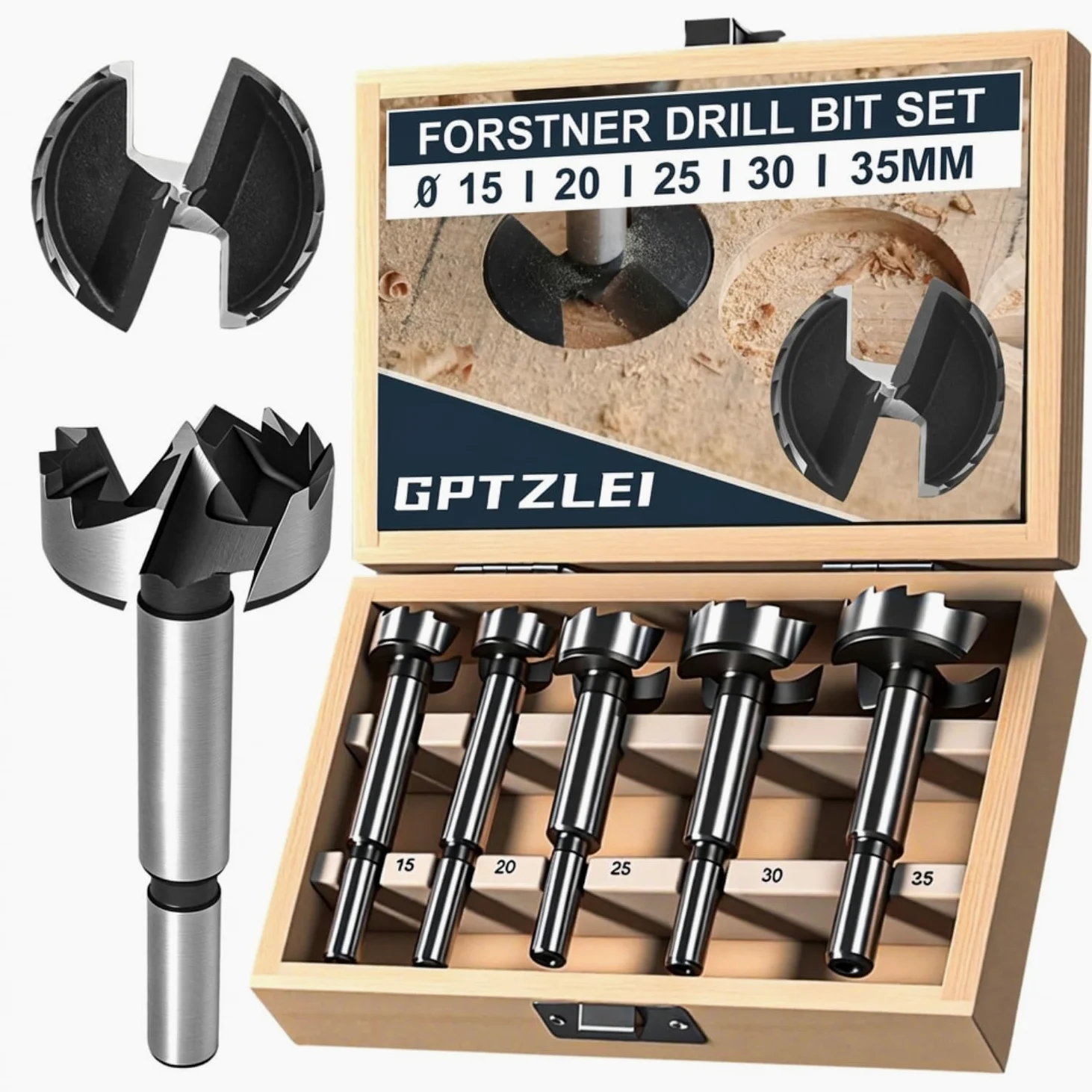 Set Punte Forstner per Legno 5 Pezzi 15/20/25/30/35 mm con Scatola in Legno – Punta Trapano per Fori Fondo Piatto – Punte per Cerniere Mobili, MDF, Compensato – Utensili Falegnameria DIY